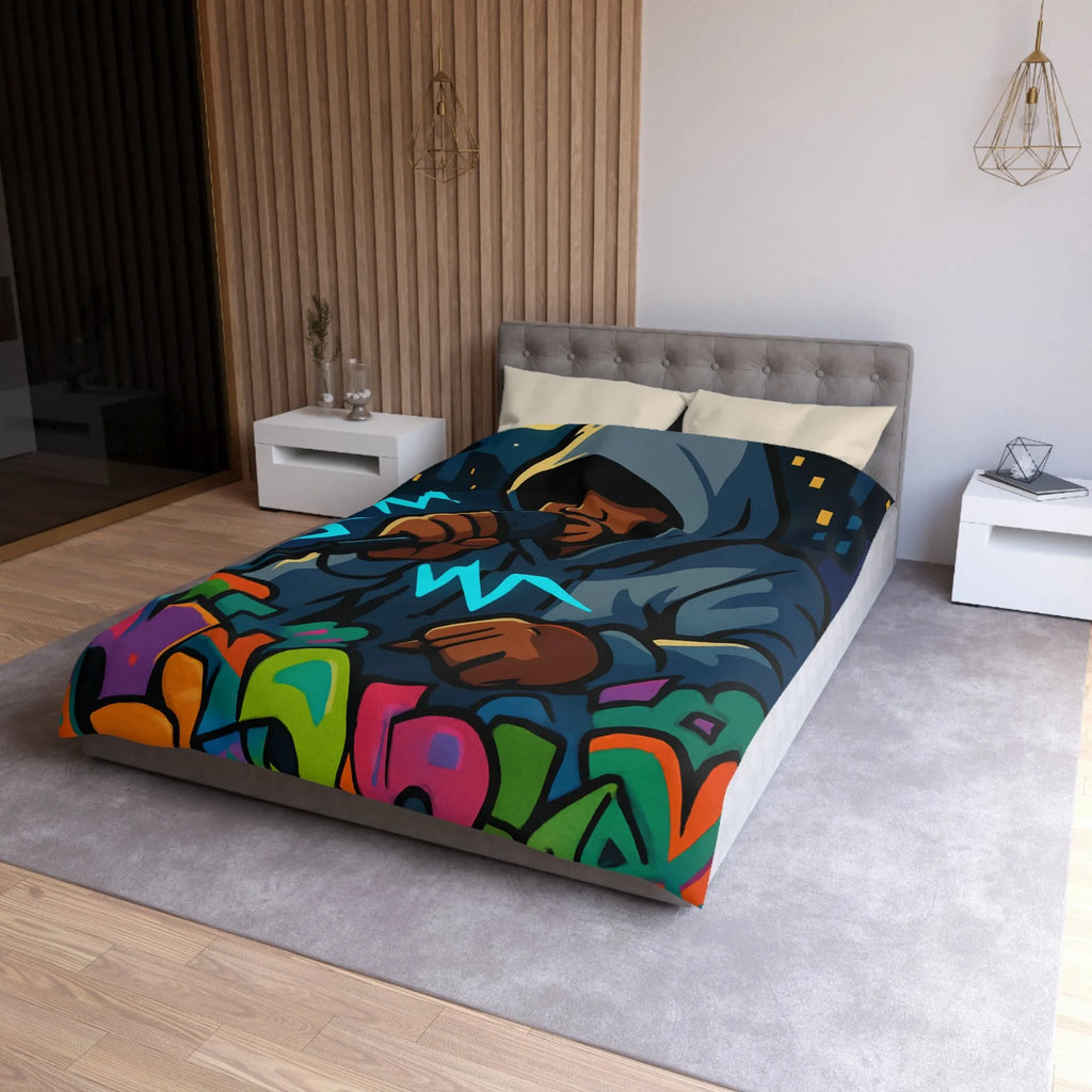 Housse de couette avec artiste hip-hop en hoodie et graffitis colorés de rue