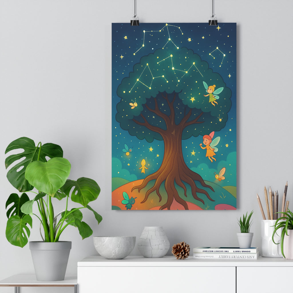 Poster décoratif féerique bleu vert jaune enfant magique apaisant mystique rêveur constellation arbre lumineux