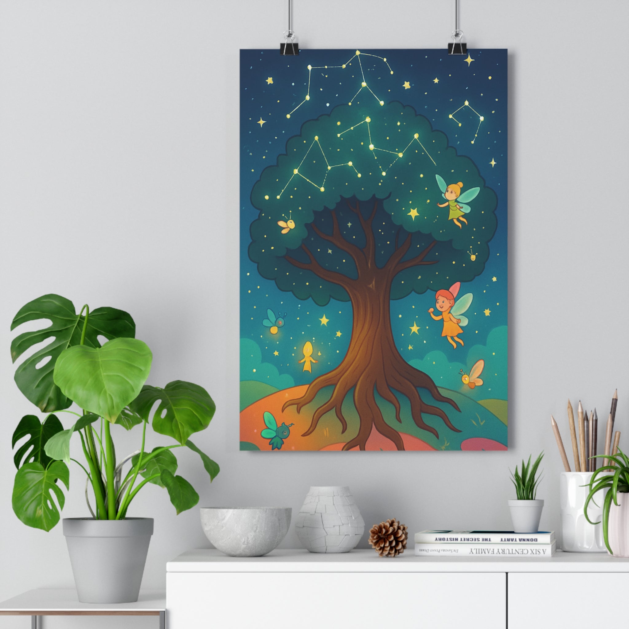Poster décoratif féerique bleu vert jaune enfant magique apaisant mystique rêveur constellation arbre lumineux