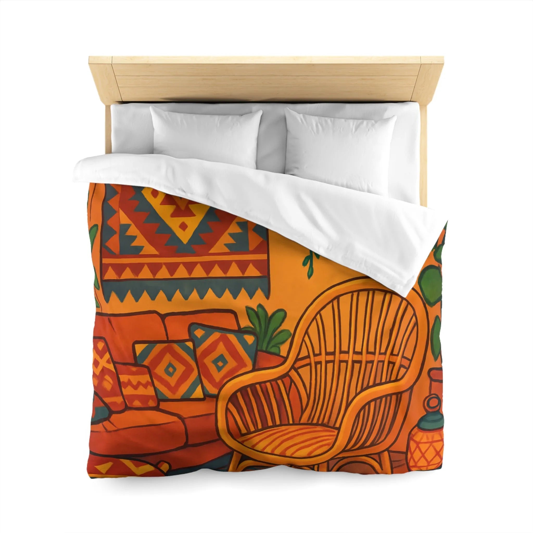 Housse de Couette aux Motifs Géométriques Bohèmes avec Tons Oranges et Bleus Éclatants