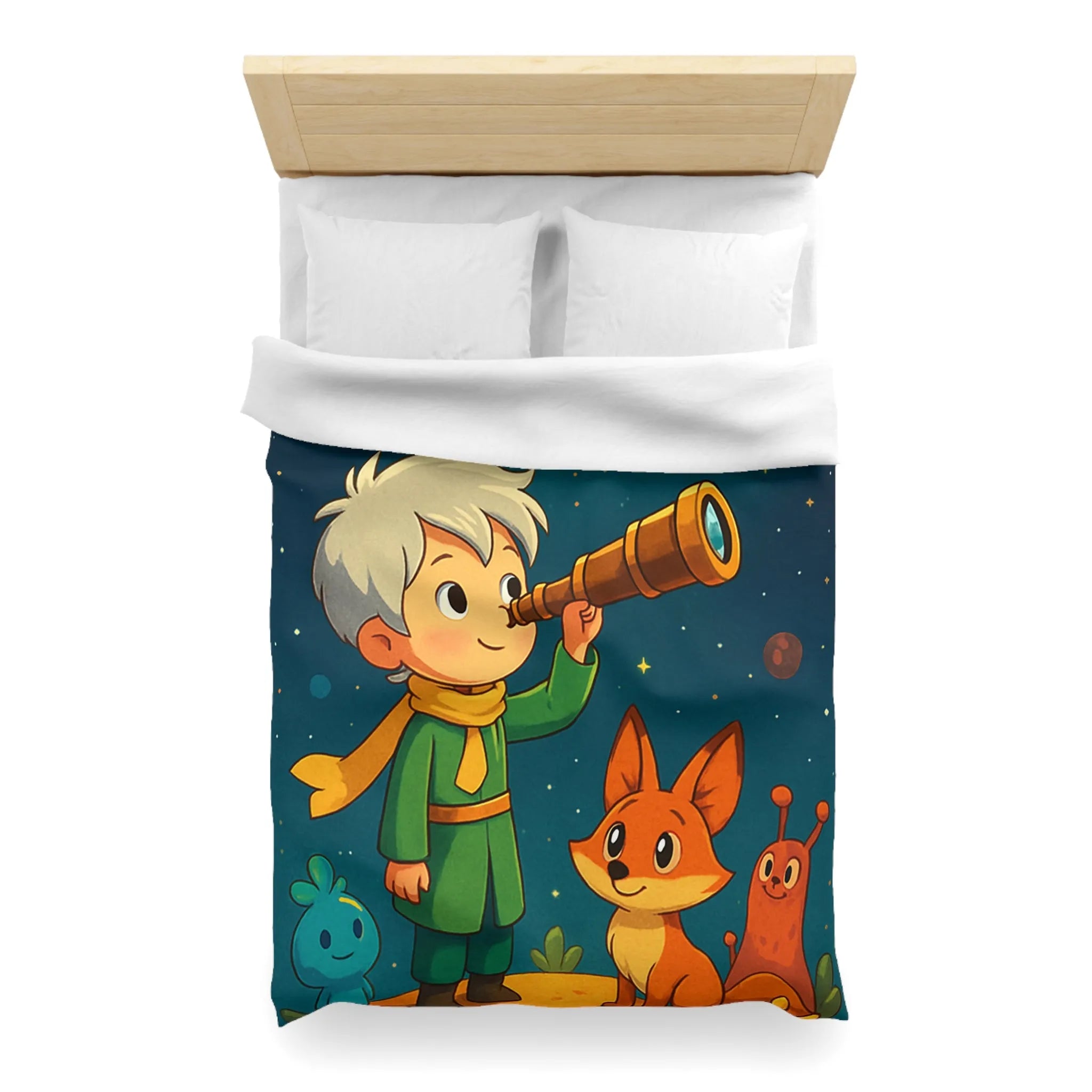 Housse de couette enfant rêveur observant les étoiles avec télescope et animaux adorables