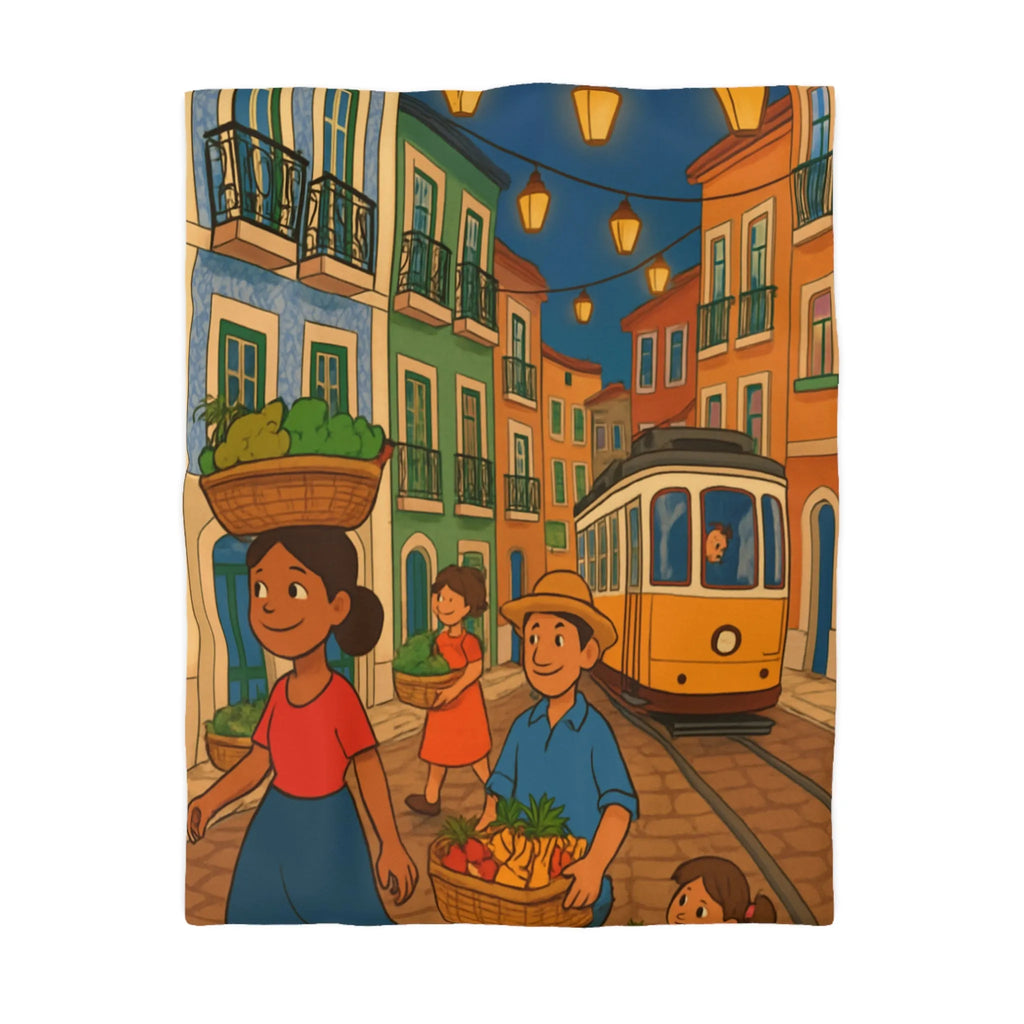 Housse de Couette Colorée Illustrant Scène Vibrante de Rue avec Tramway et Marché