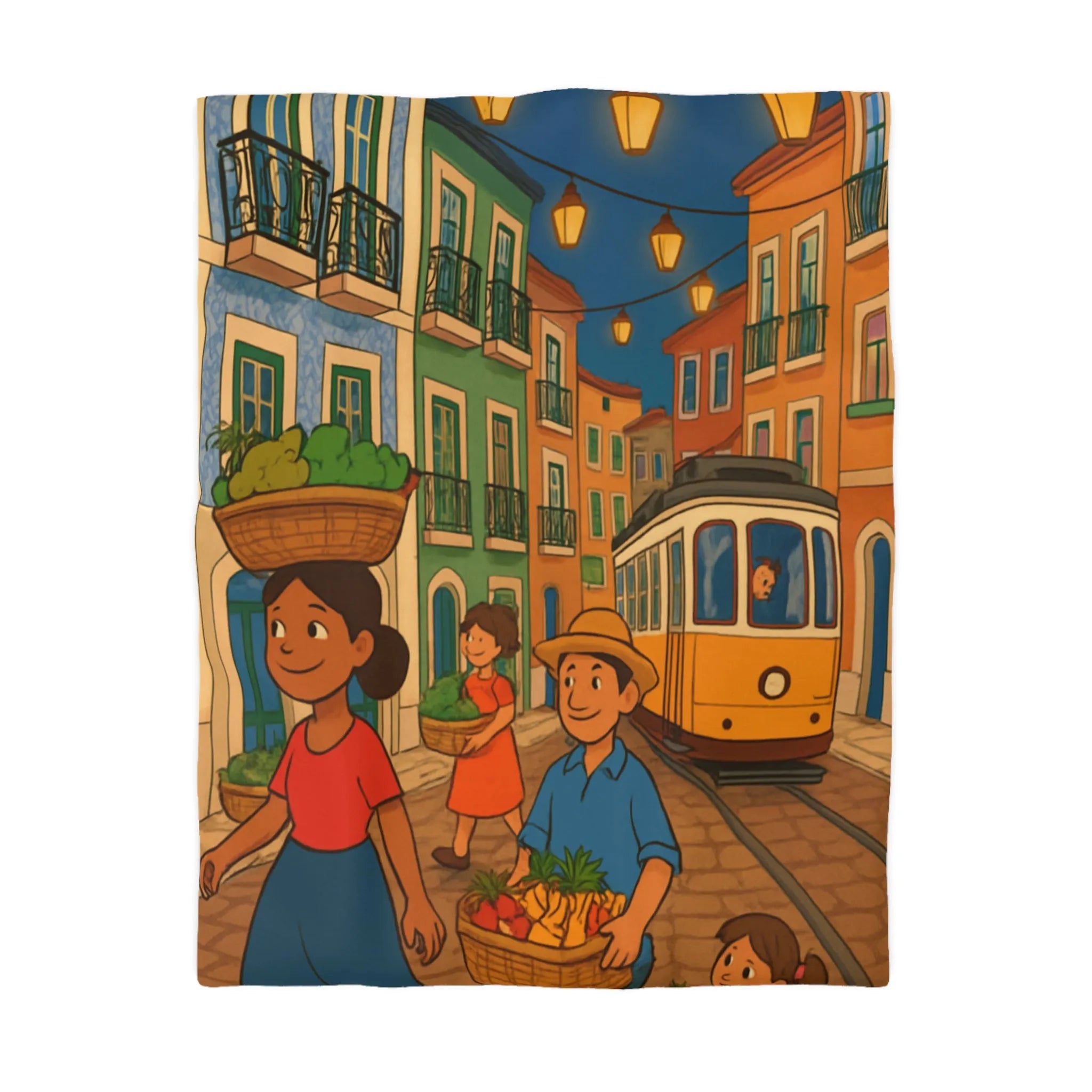 Housse de Couette Colorée Illustrant Scène Vibrante de Rue avec Tramway et Marché