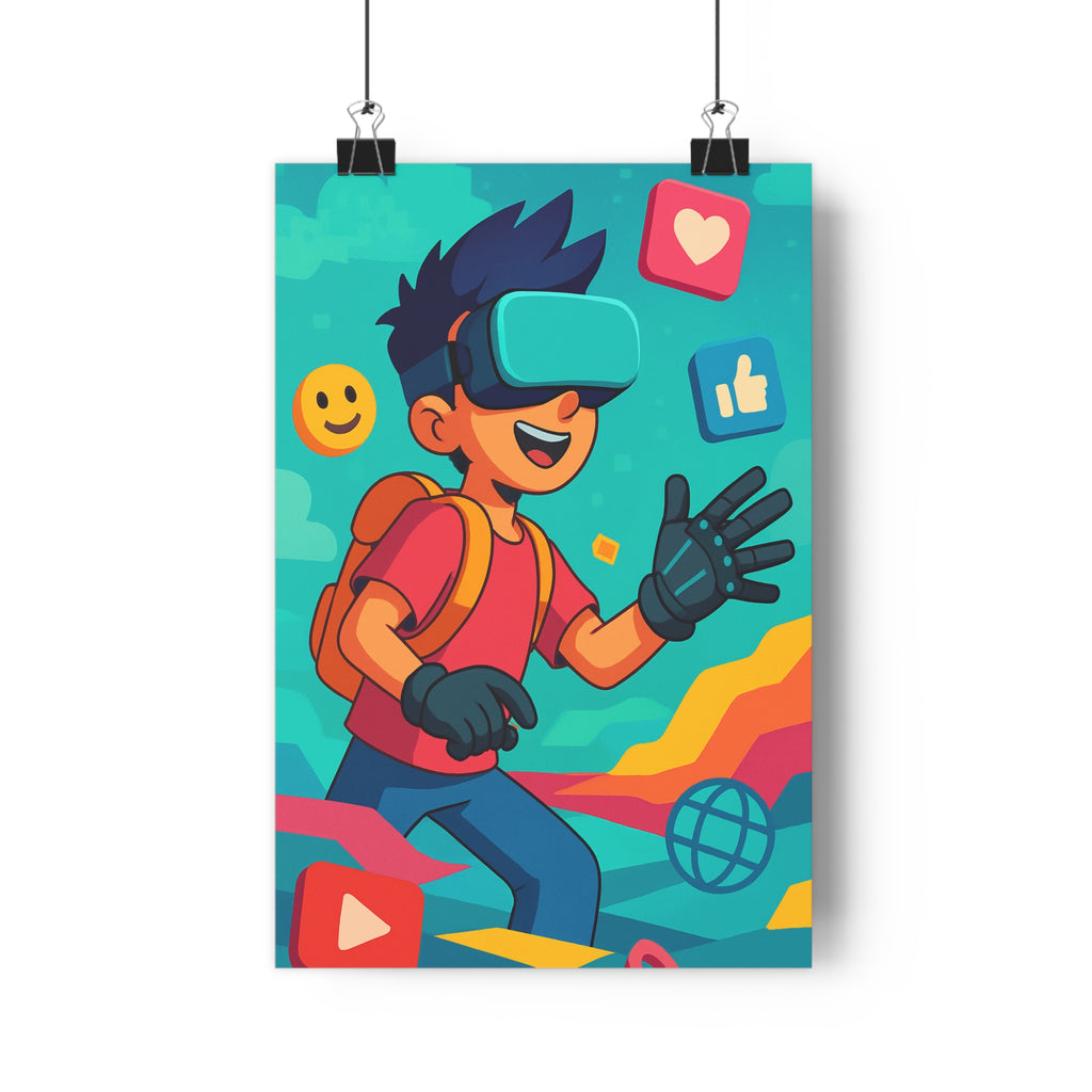 Poster décoratif numérique animé bleu rouge jaune aventure moderne cyberpunk salle bureau vibrant 30