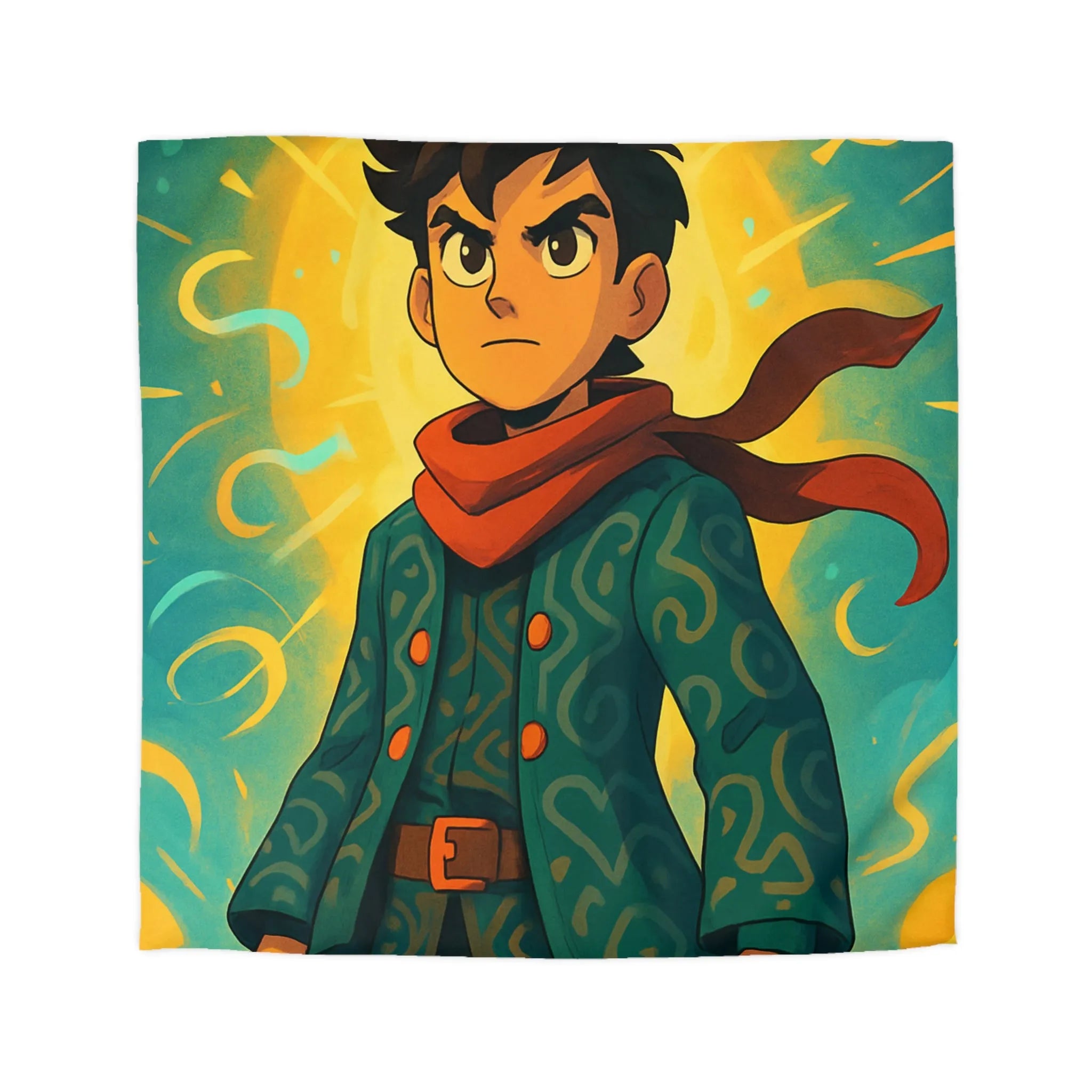 Éclatante illustration magique pour housse de couette avec personnage courageux et motifs abstraits colorés