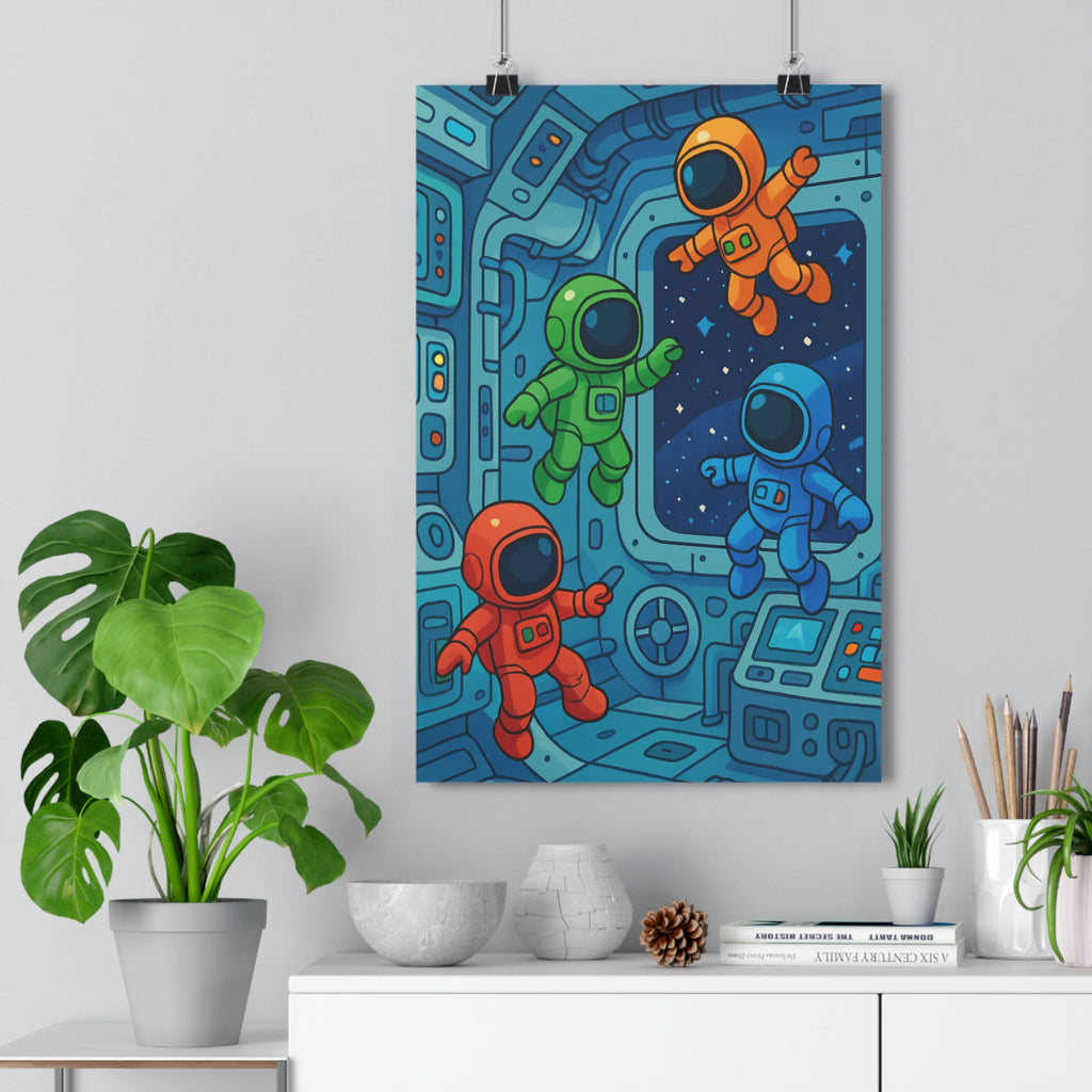 Poster décoratif astronautes cartoon vert orange bleu rouge chambre enfant aventure spatiale futuriste joyeux