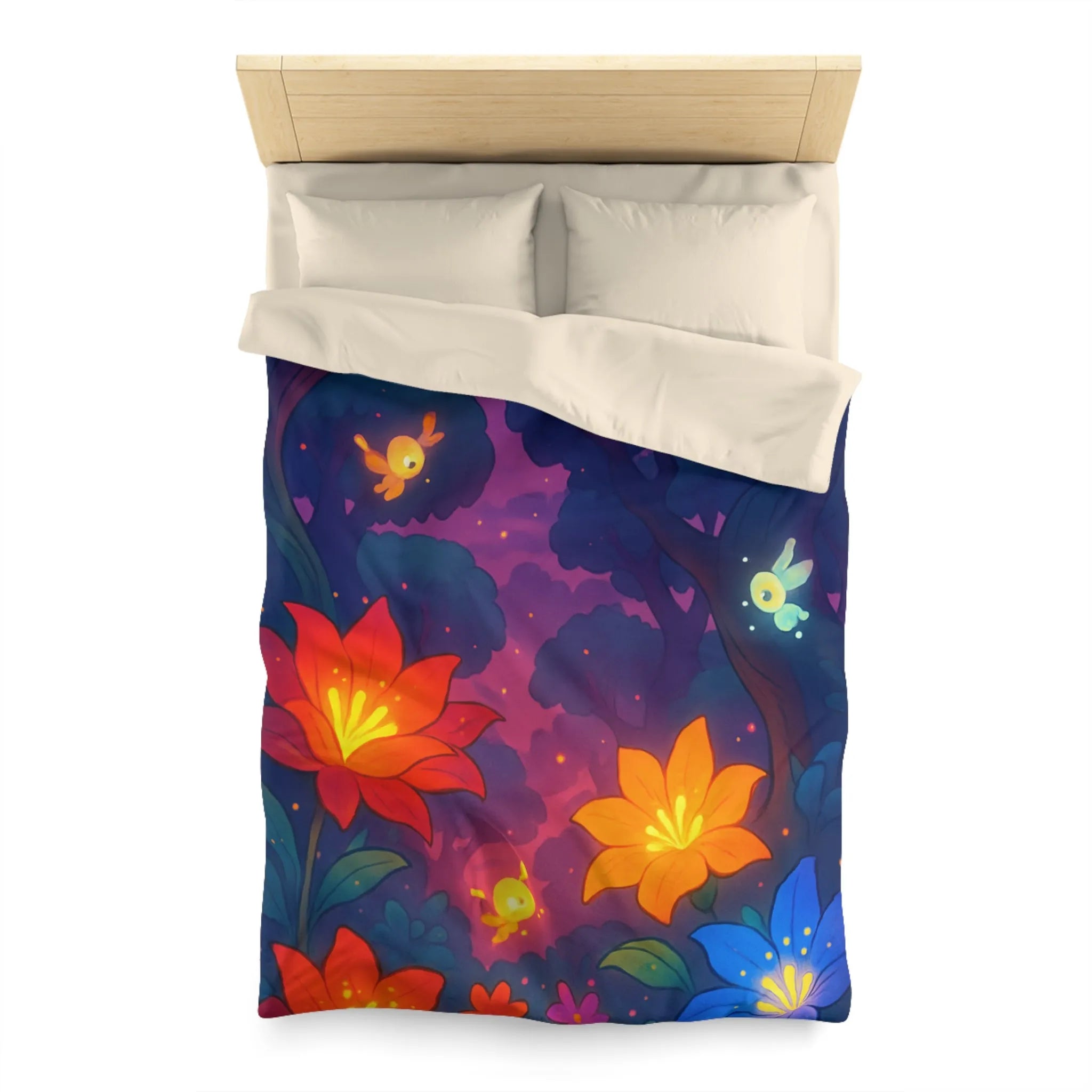 Housse de Couette avec Fleurs Lumineuses et Paysage Enchanté de Forêt Magique Nocturne