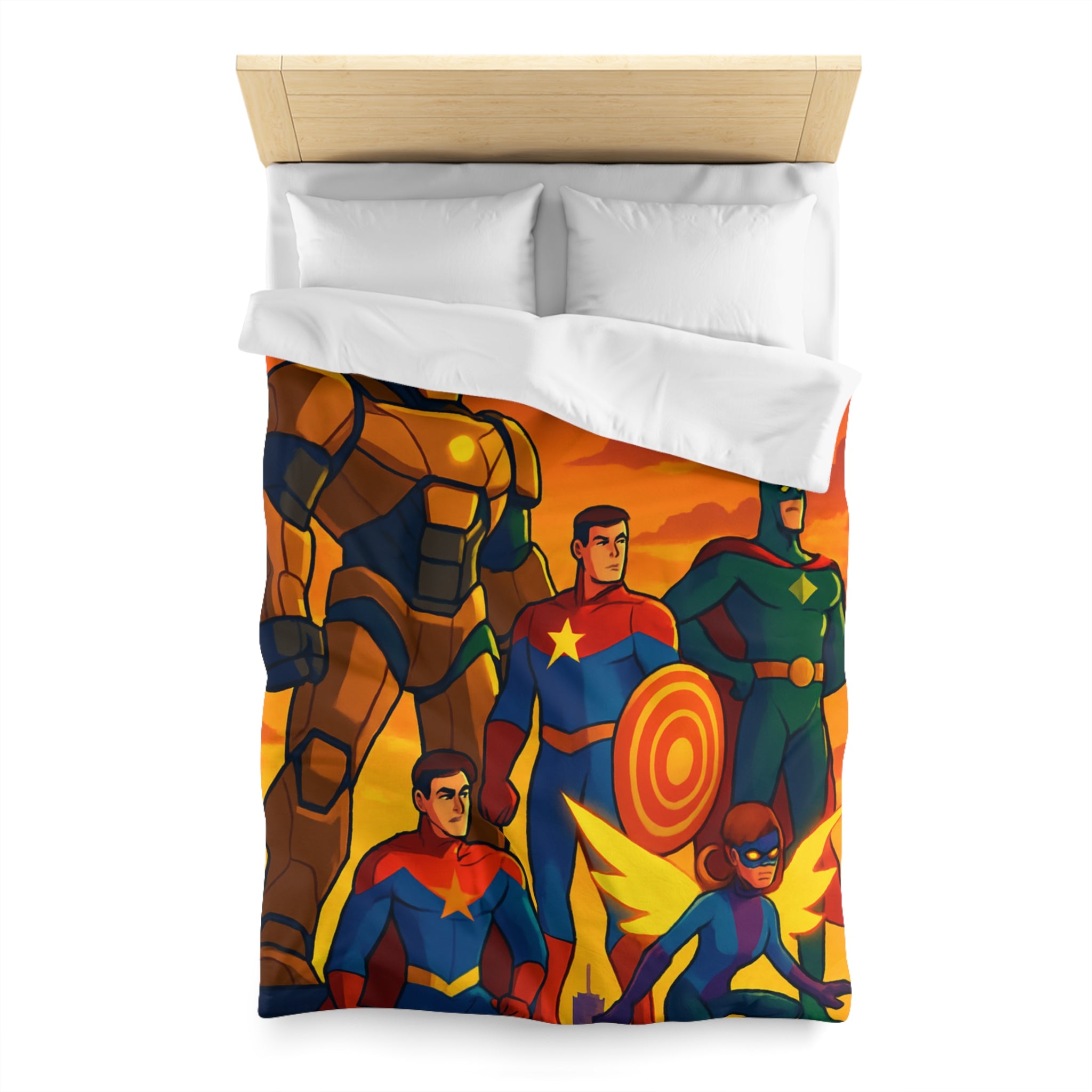 Housse de couette super-héros en costumes colorés avec coucher de soleil épique en arrière-plan