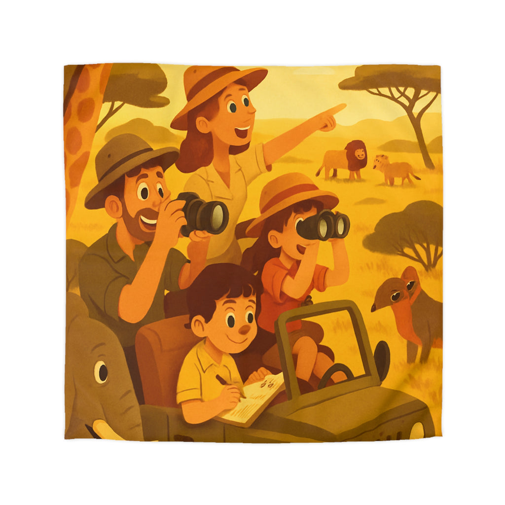 Housse de couette safari animalier avec paysage savane et jeep familiale amusante