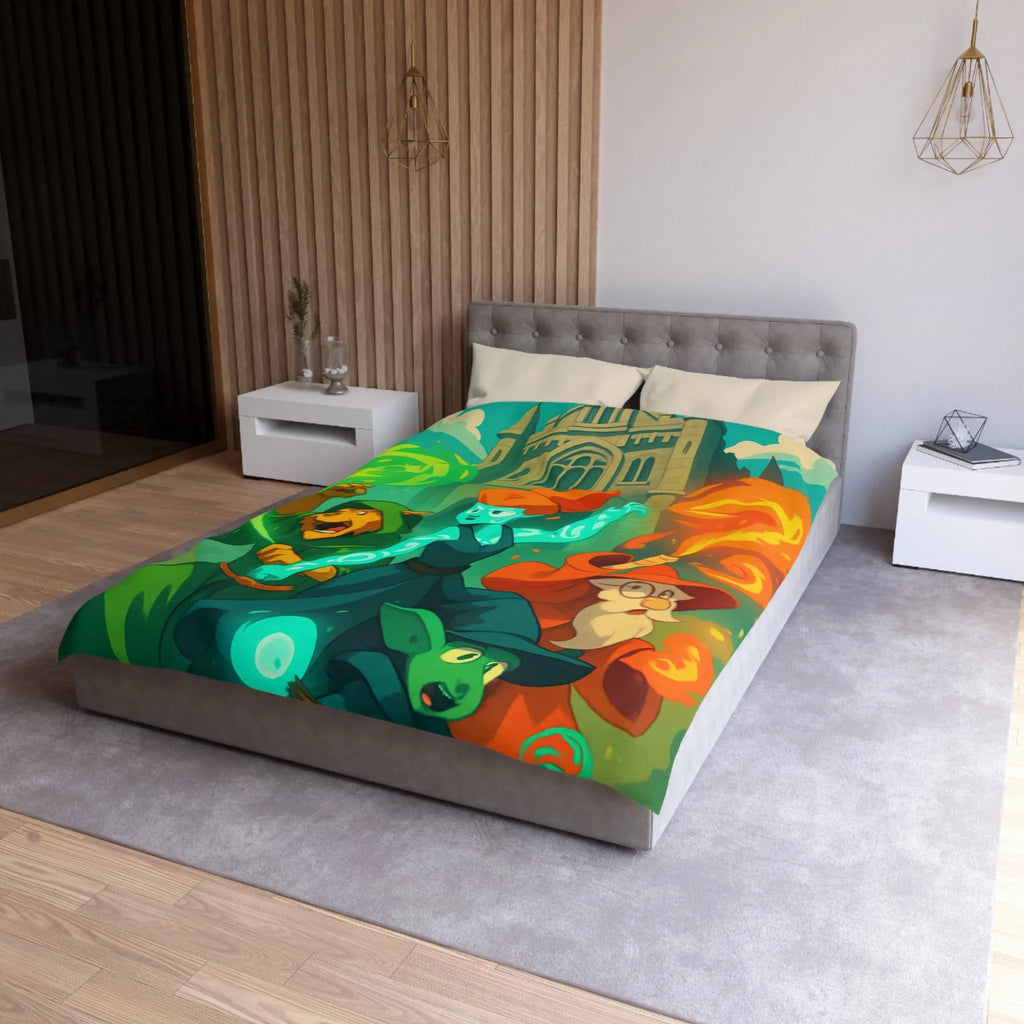 Housse de couette magique pour enfant avec personnages et château, ambiance féérique animée