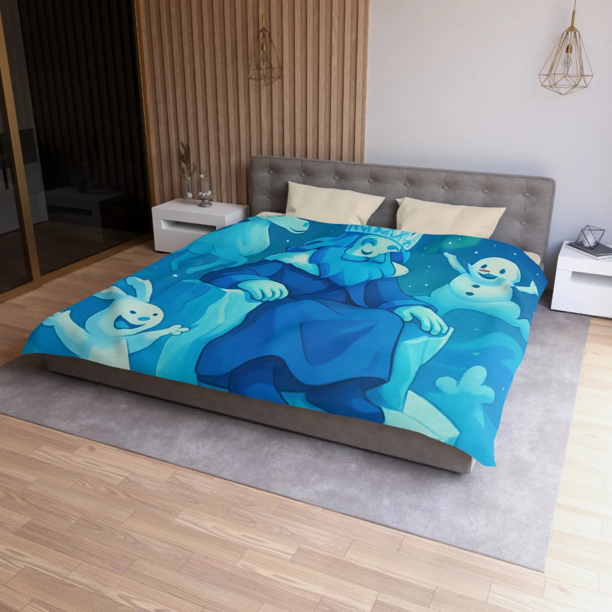 Housse de couette bleue roi de glace avec animaux et aurore boréale hivernale festive