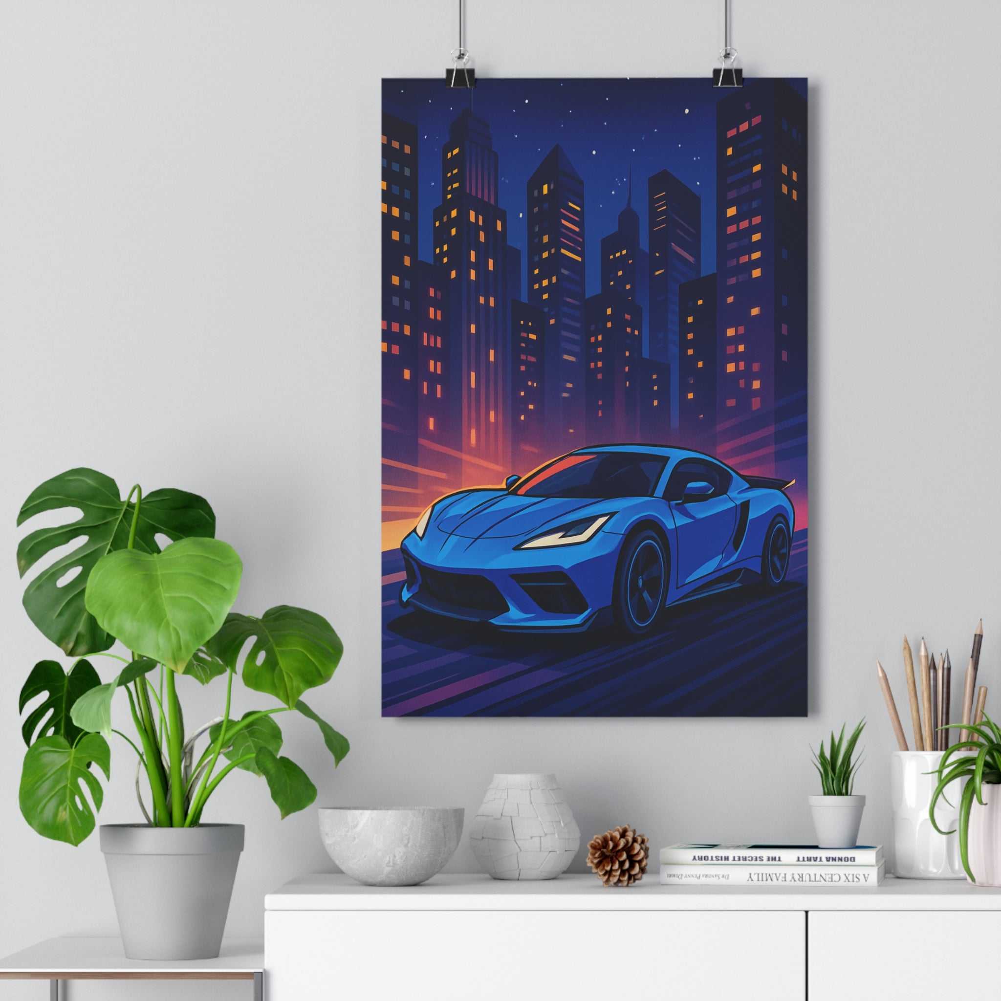 Poster décoratif voiture sportive bleu orange moderne urbain chambre salon dynamique nocturne lumineux animé
