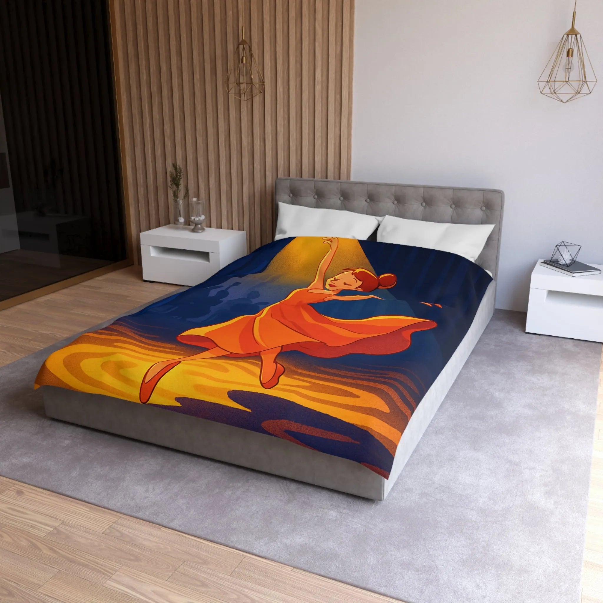 Housse de couette danseuse élégante en robe orange sous projecteur dans un théâtre