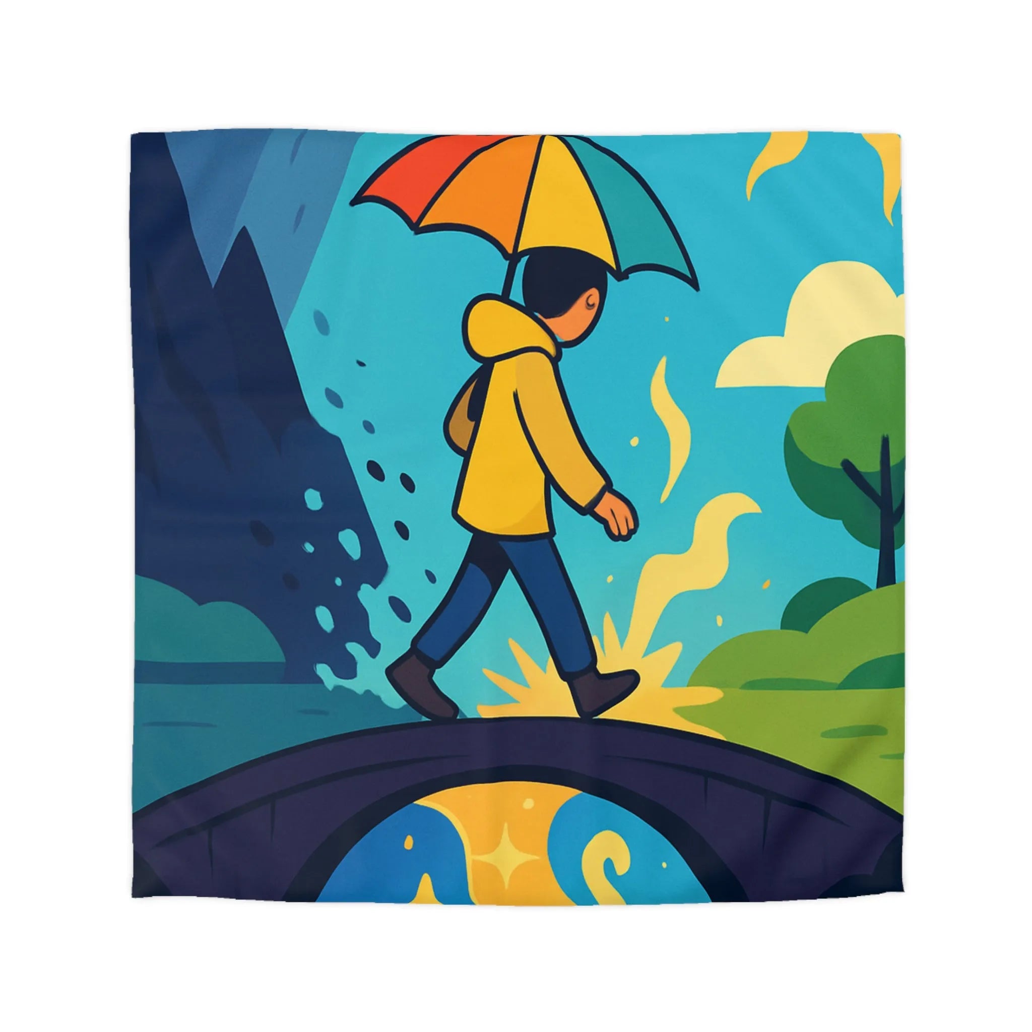 Housse de Couette Colorée avec Design de Personnage Sous Parapluie Multicolore