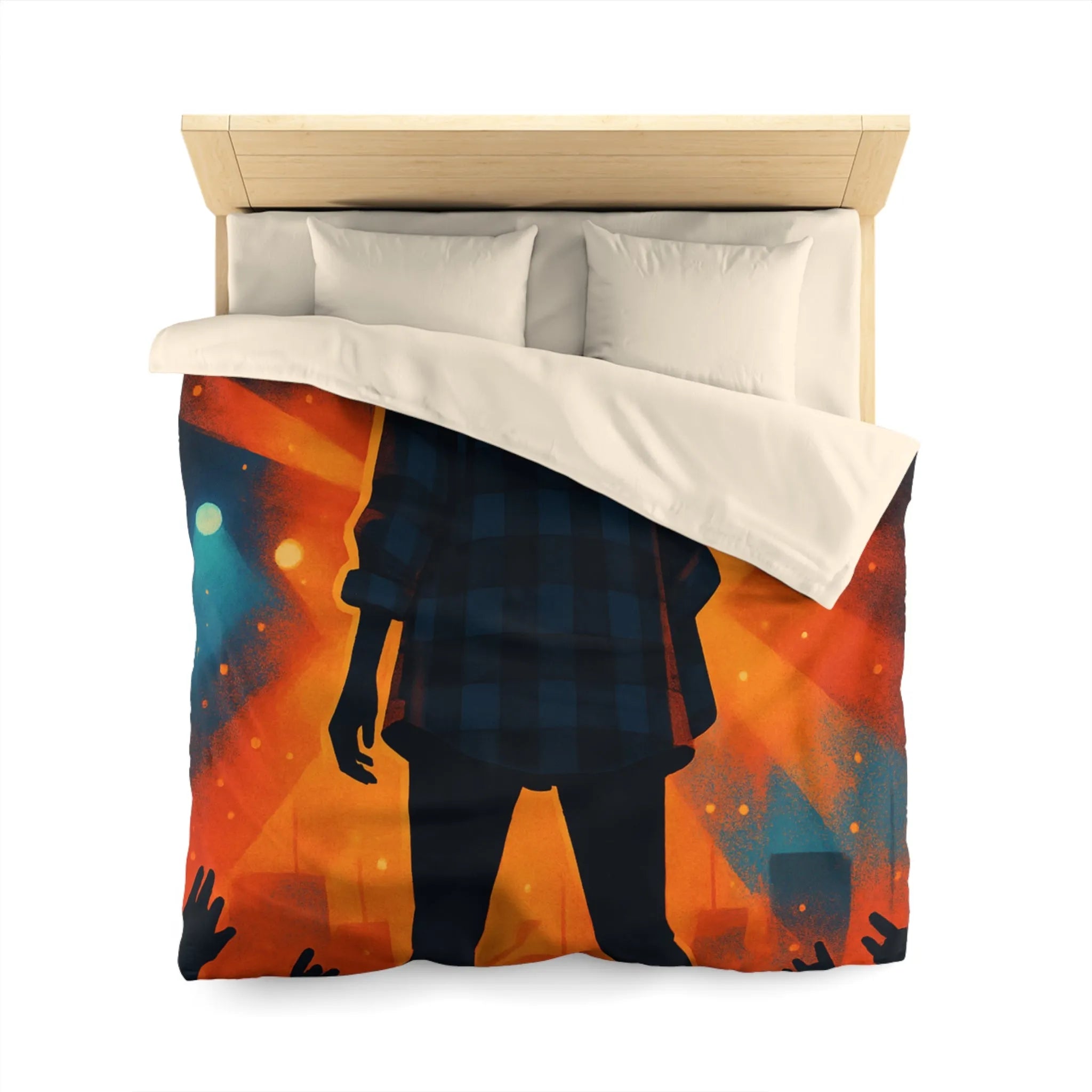 Housse de couette concert silhouette musicien rétro rayons de lumière colorés scène