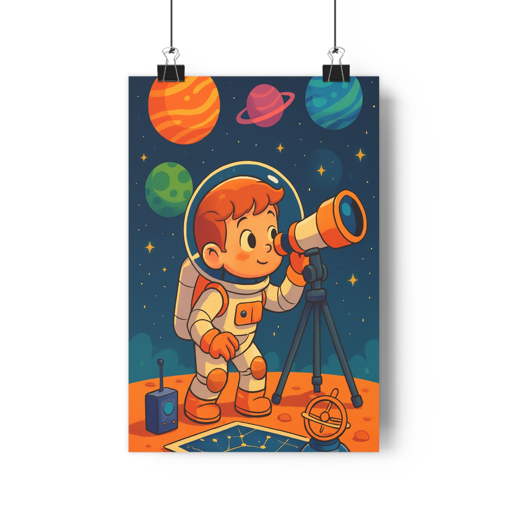 Poster décoratif astronaute enfant étoiles bleu orange vert rêve aventure sciencefiction chambre ludique qualité