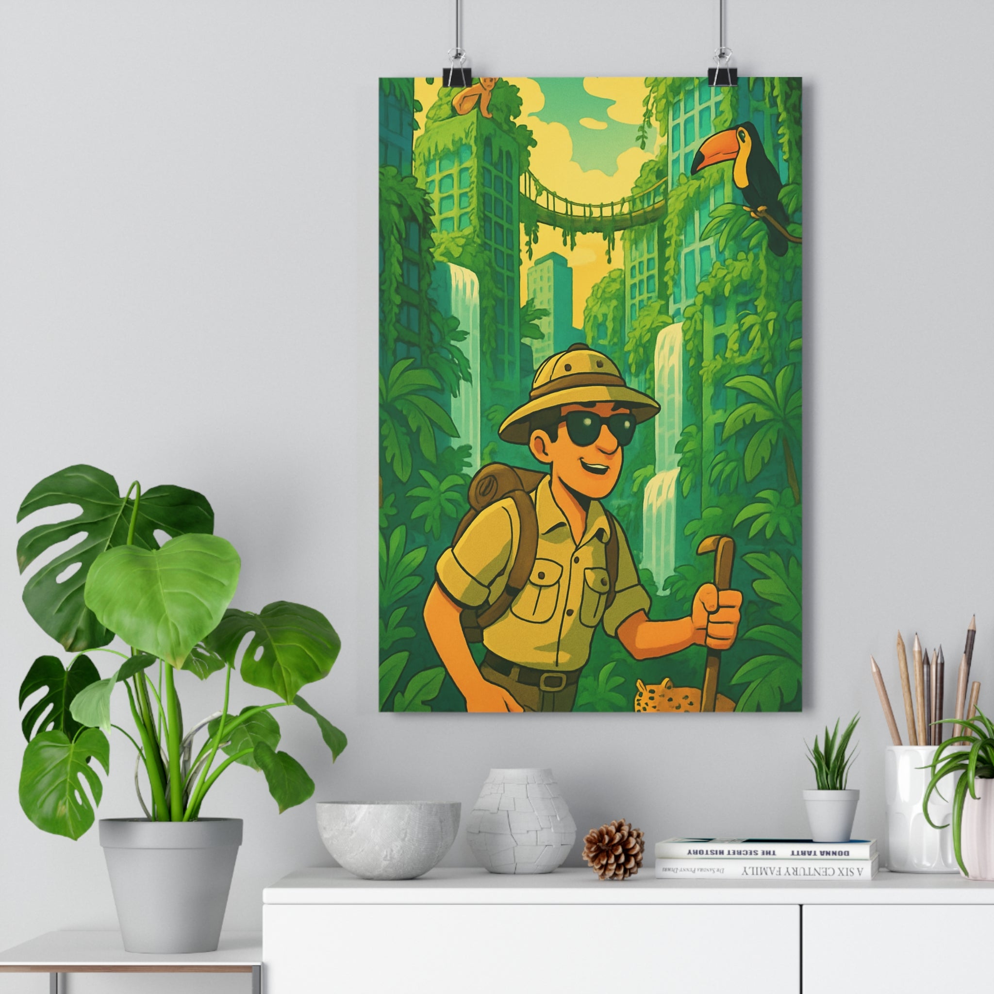 Poster décoratif aventure jungle urbaine vert jaune animé enfant salon bureau exotique explorateur qualité