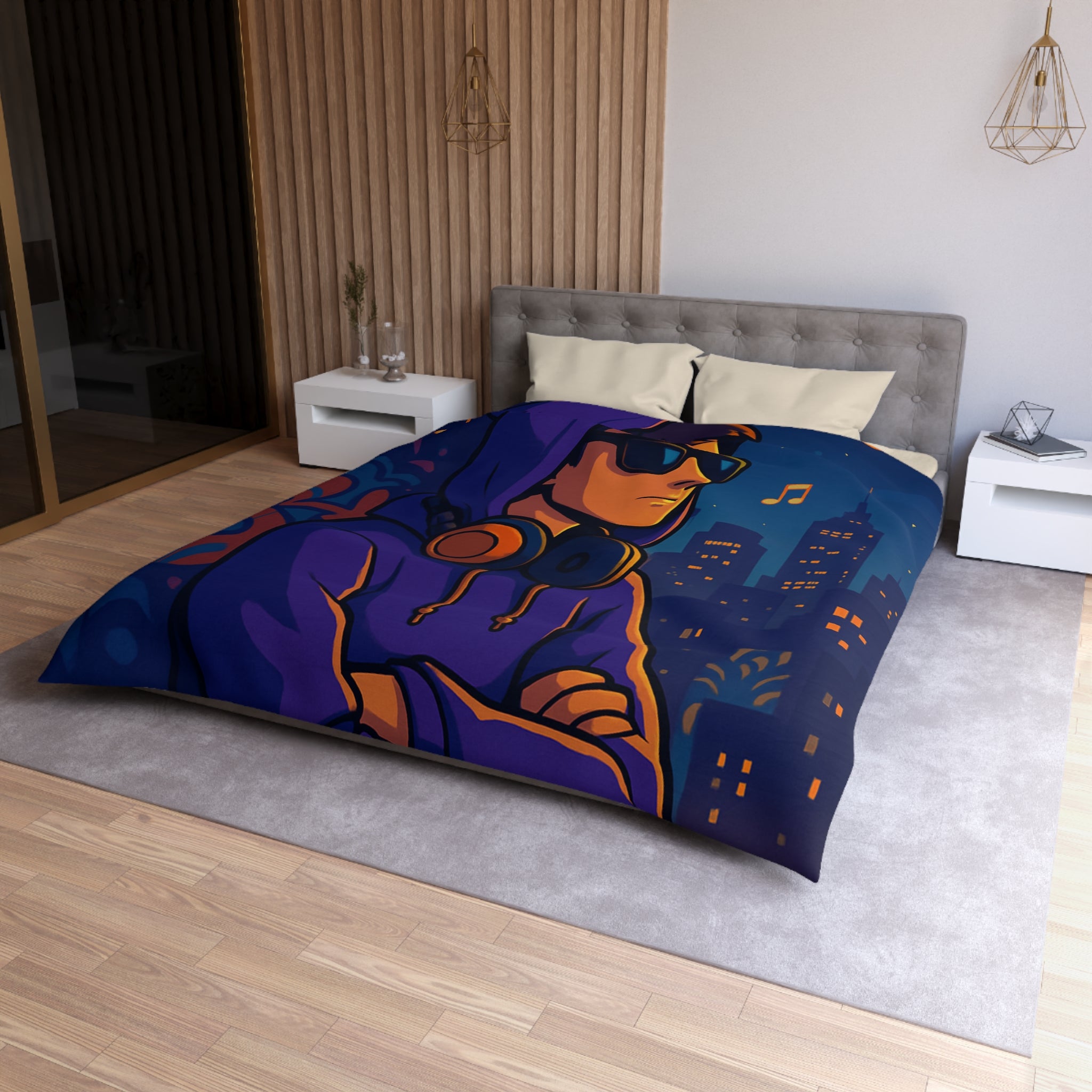 Housse de Couette Style Urbain avec Motifs Musique et Paysage Nocturne Animé