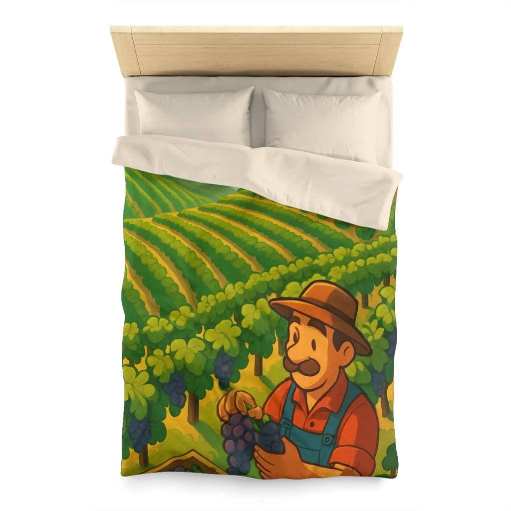 Housse de couette illustration de vendangeur dans un vignoble éclairé par soleil radieux