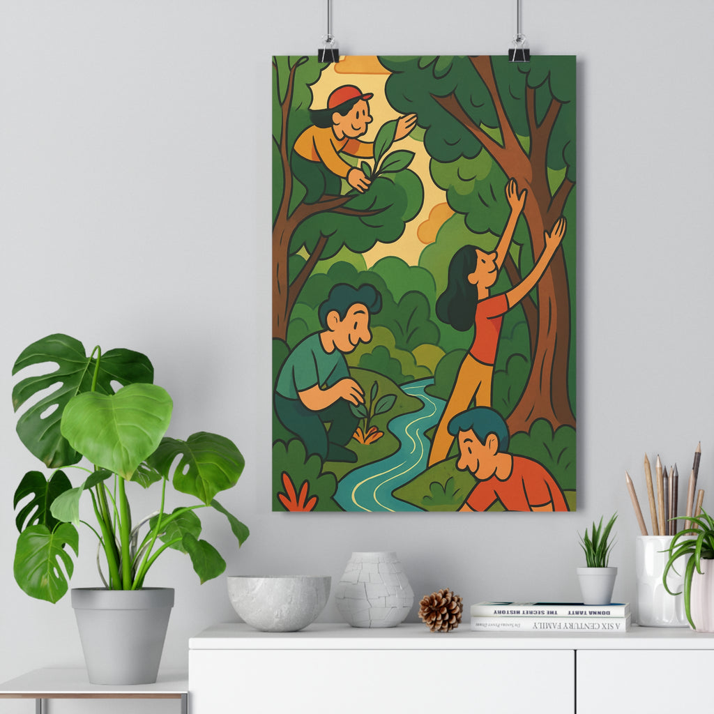 Poster décoratif vibrant vert bleu orange moderne joyeux salon chambre nature personnages scène organique