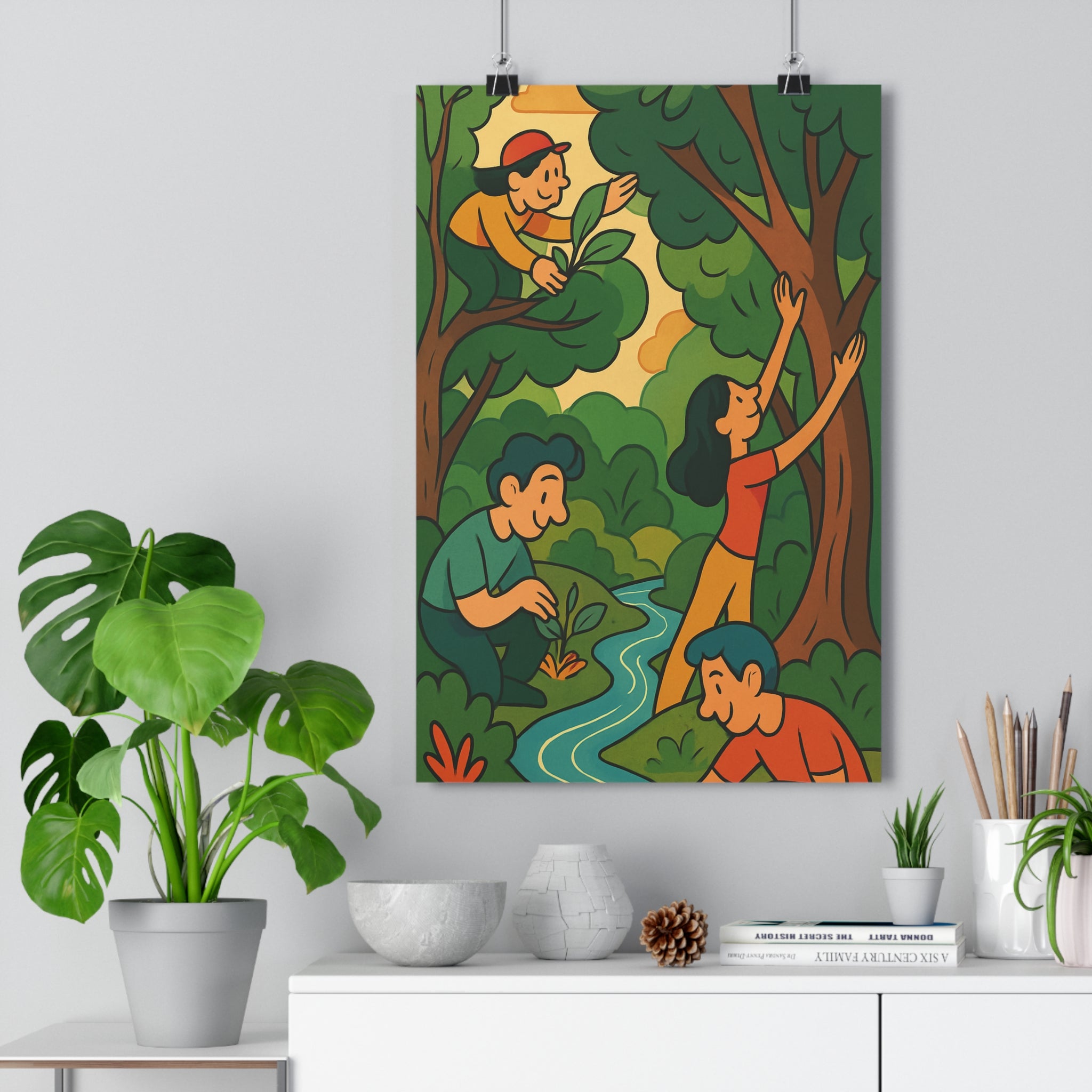 Poster décoratif vibrant vert bleu orange moderne joyeux salon chambre nature personnages scène organique