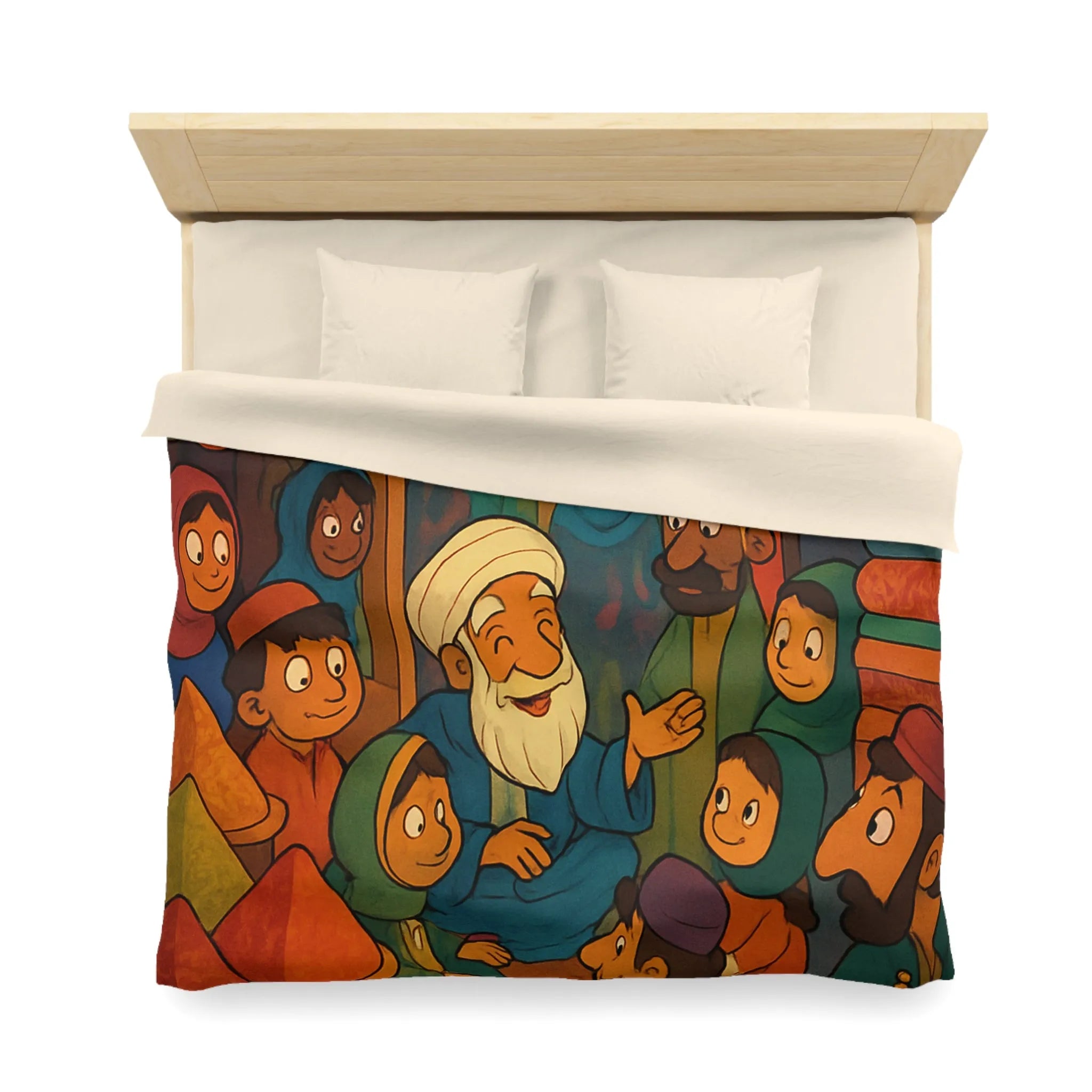 Housse de Couette Colorée Illustrant un Marché Animé avec Scène de Conteurs Traditionnels
