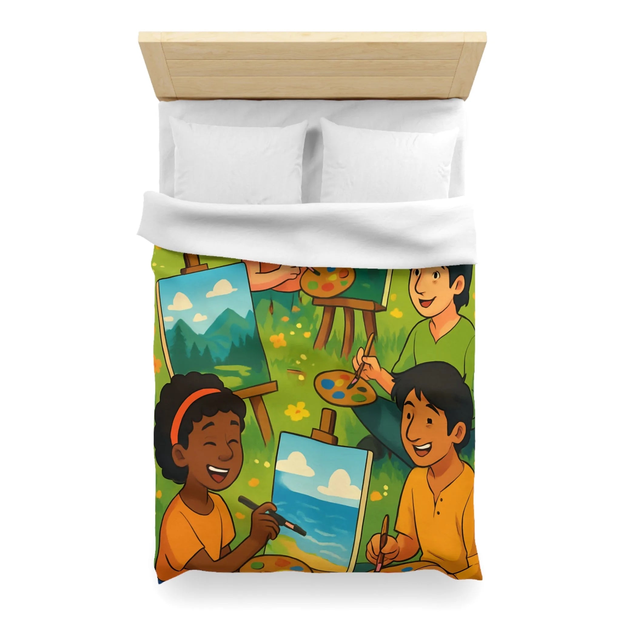 Housse de couette décorative avec enfants peignant dans champ fleuri en plein air
