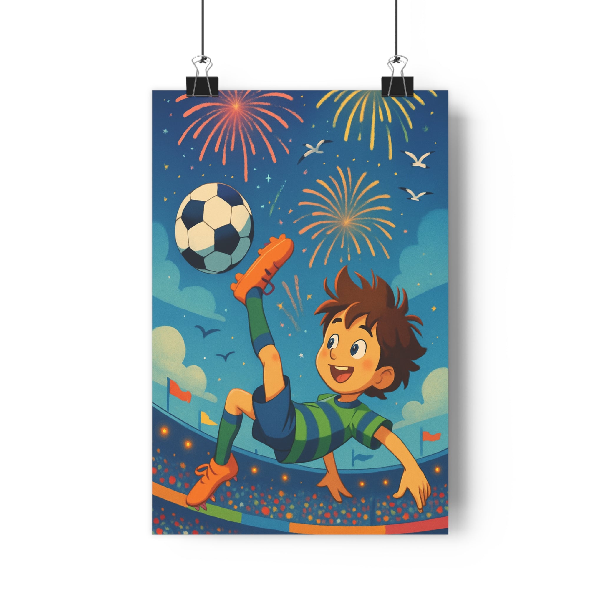 Poster décoratif enfant vert jaune cartoon dynamique joyeux chambre garçon sportif coloré festif football