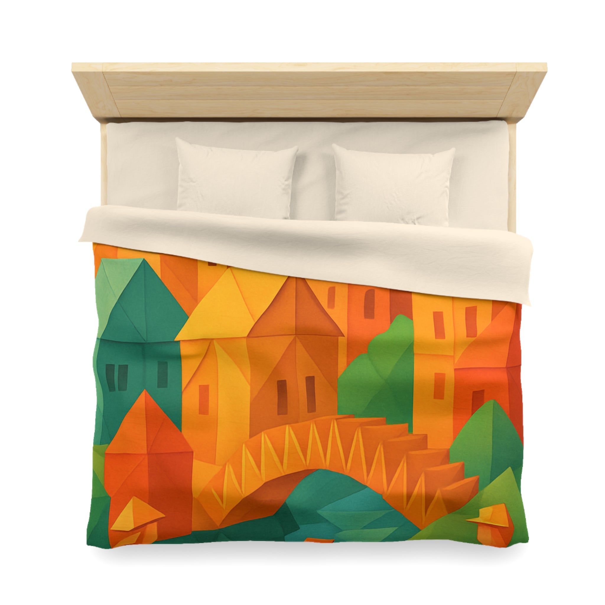 Housse de couette motif origami coloré avec paysage urbain et silhouettes humaines