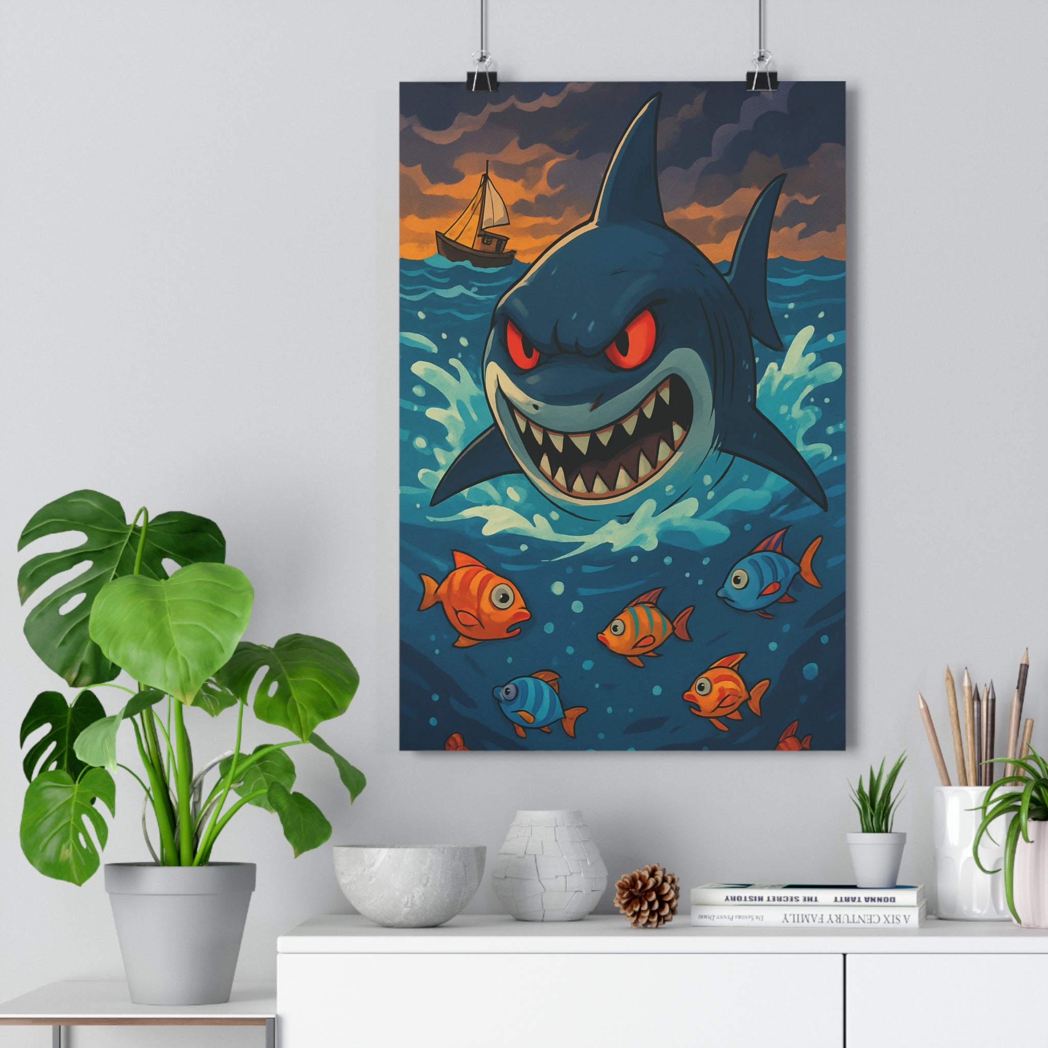 Poster décoratif cartoon dynamique requin bleu orange enfant chambre aventure fun mer océan unique