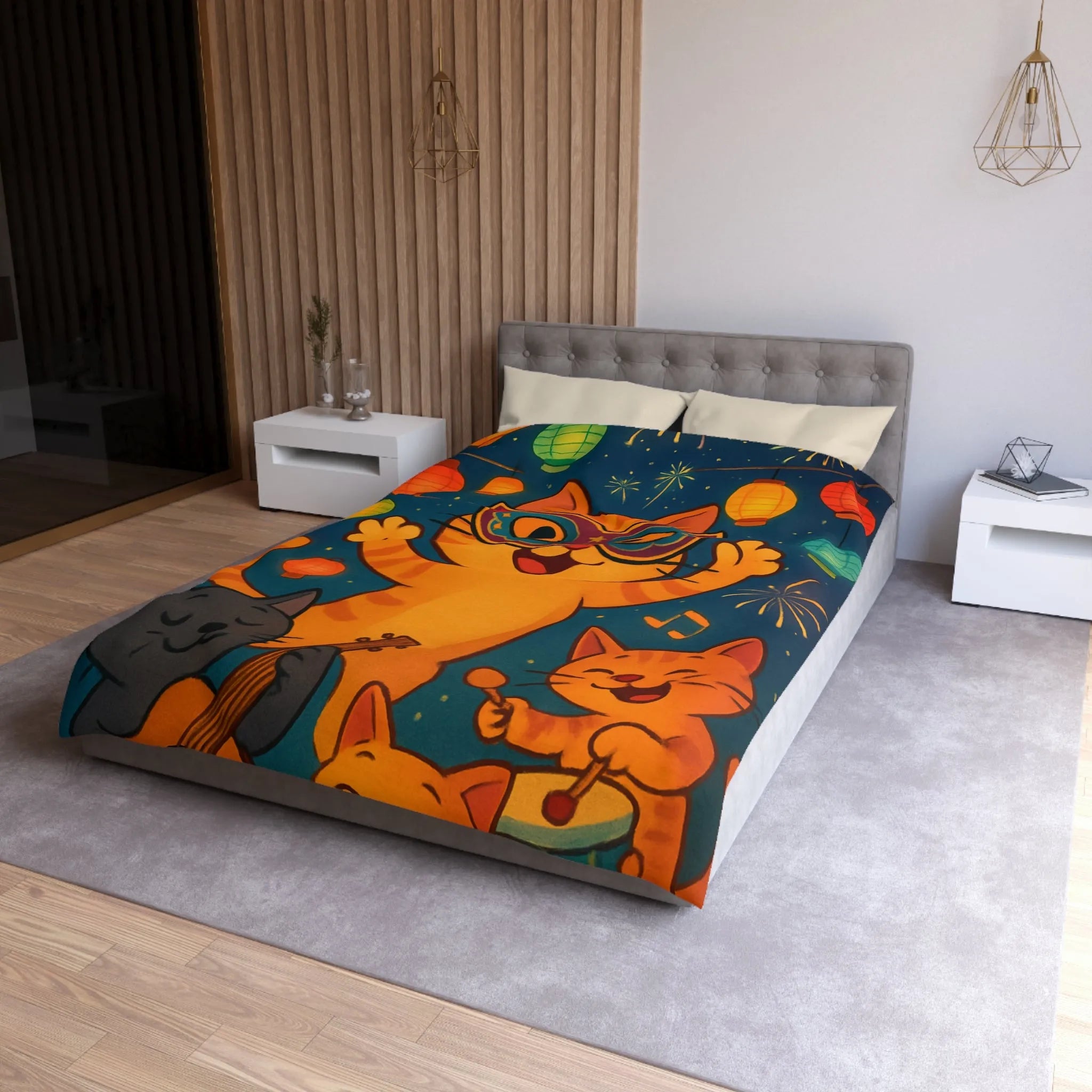 Housse de couette festive avec chats joyeux, feux d'artifice et lanternes colorées