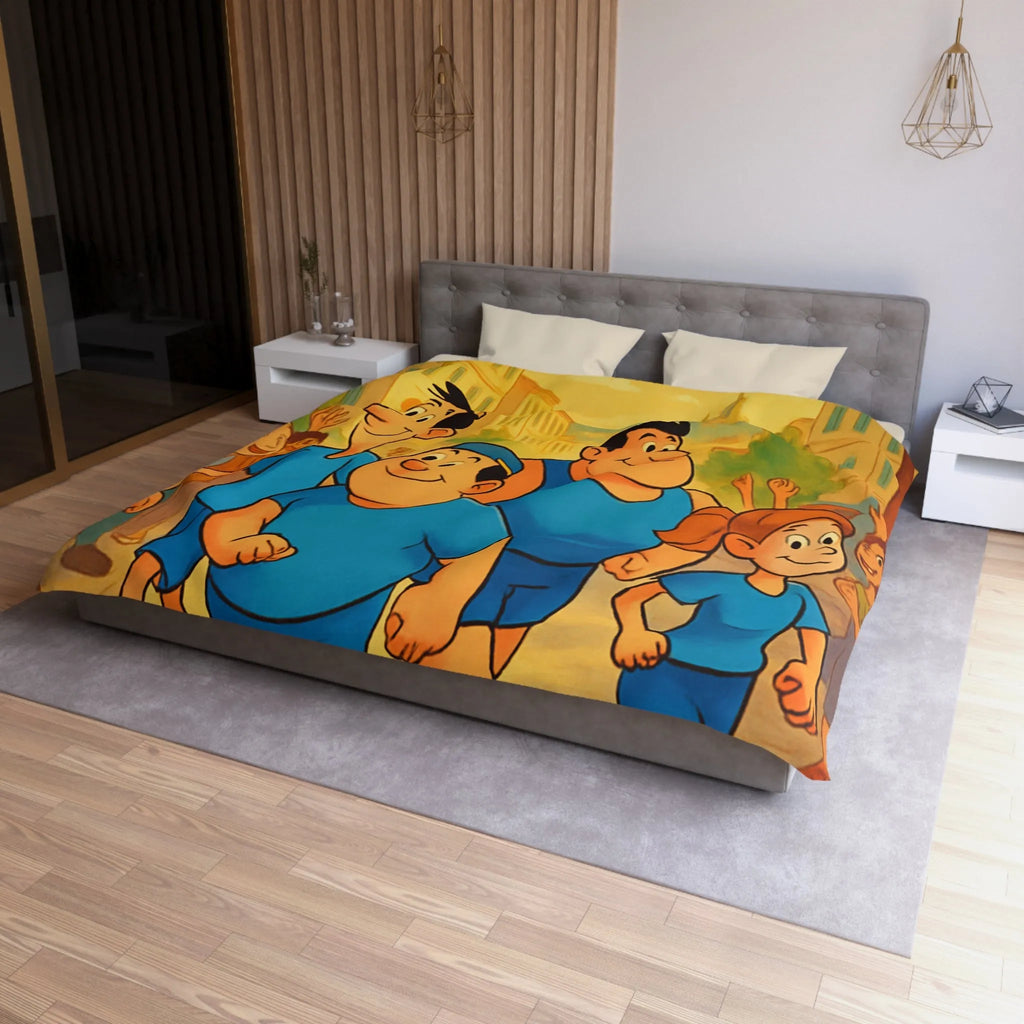 Housse de couette colorée avec personnages marchant joyeusement dans une rue animée