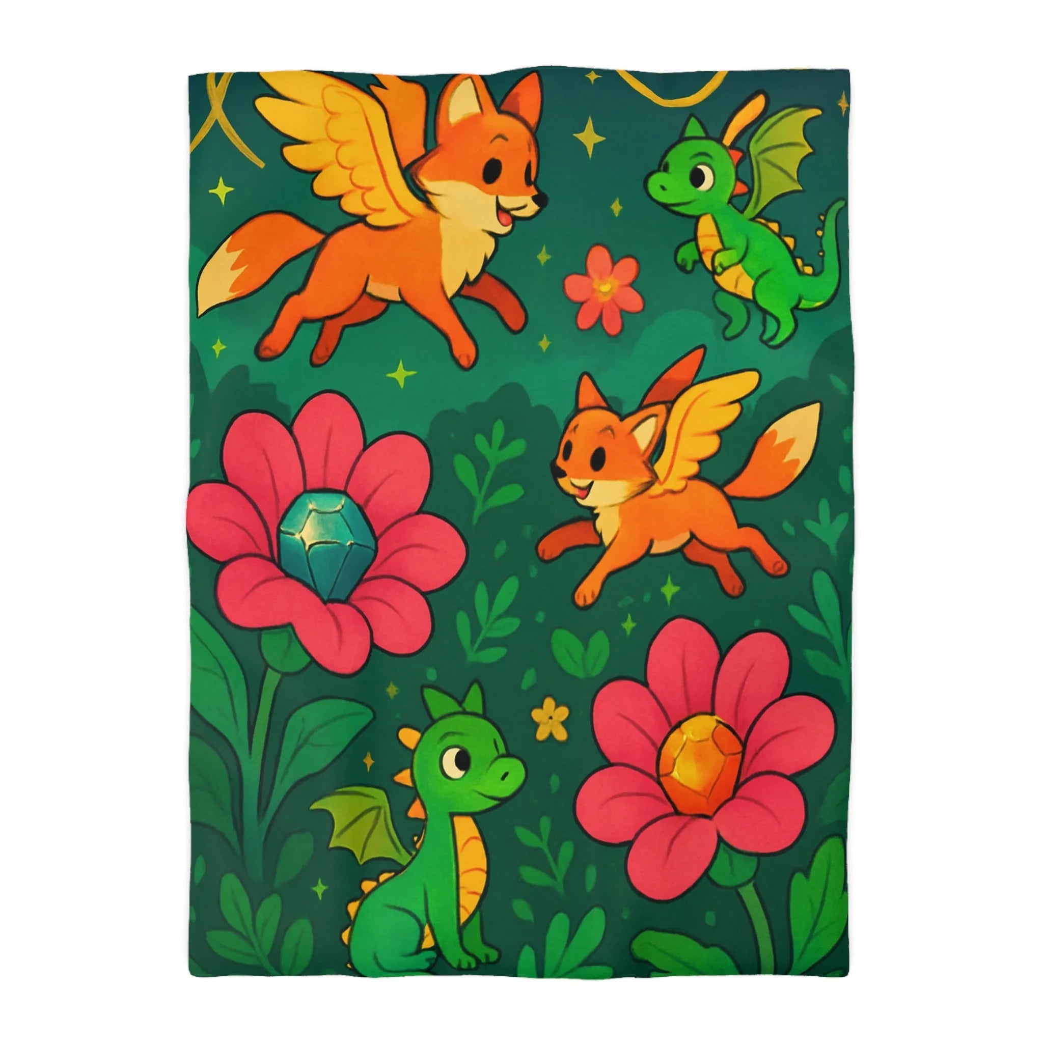 Housse de couette féerique renards ailés et dragons colorés sur fond floral