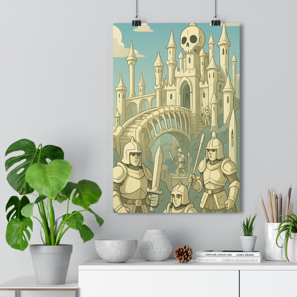 Poster décoratif médiéval château crâne chevaliers beige bleu mystique aventure chambre enfant 30x46 cm