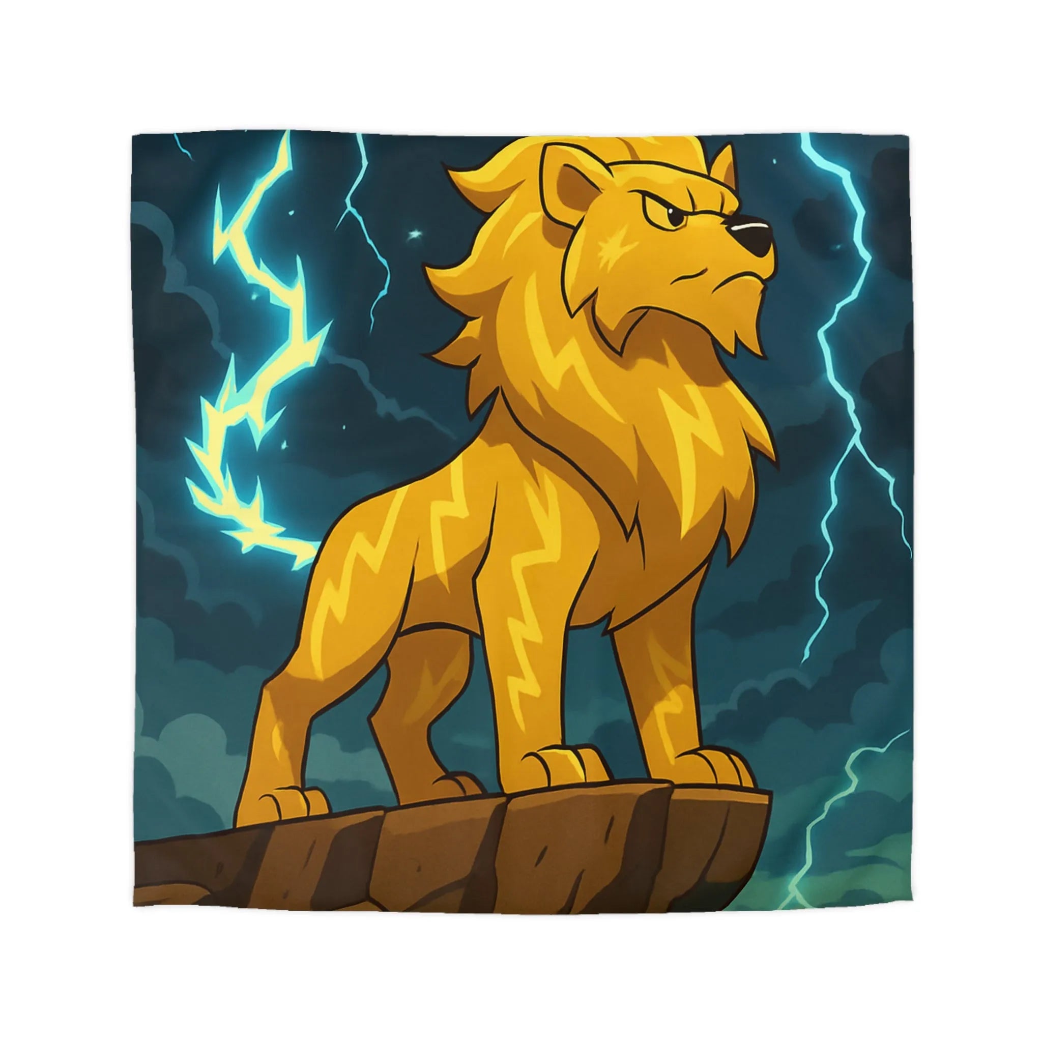Housse de couette lion éclair lumineux, style animé, ambiance puissante, couleurs vibrantes
