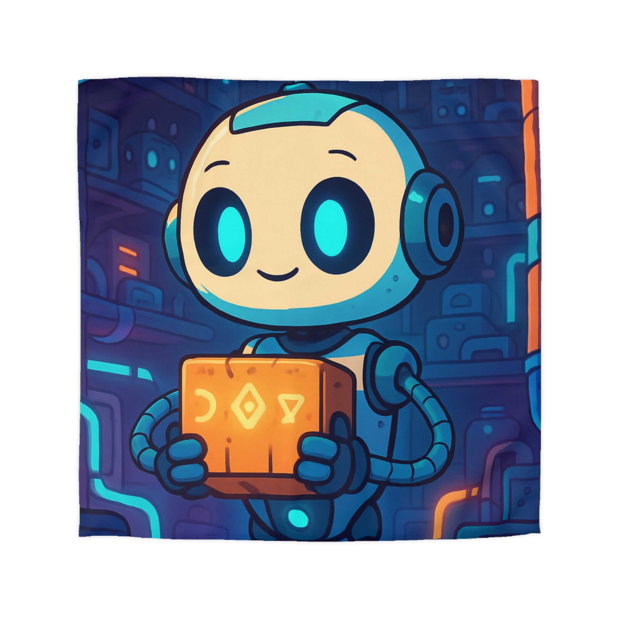 Housse de couette robot ludique bleu avec boîte mystérieuse ambiance futuriste enfantine