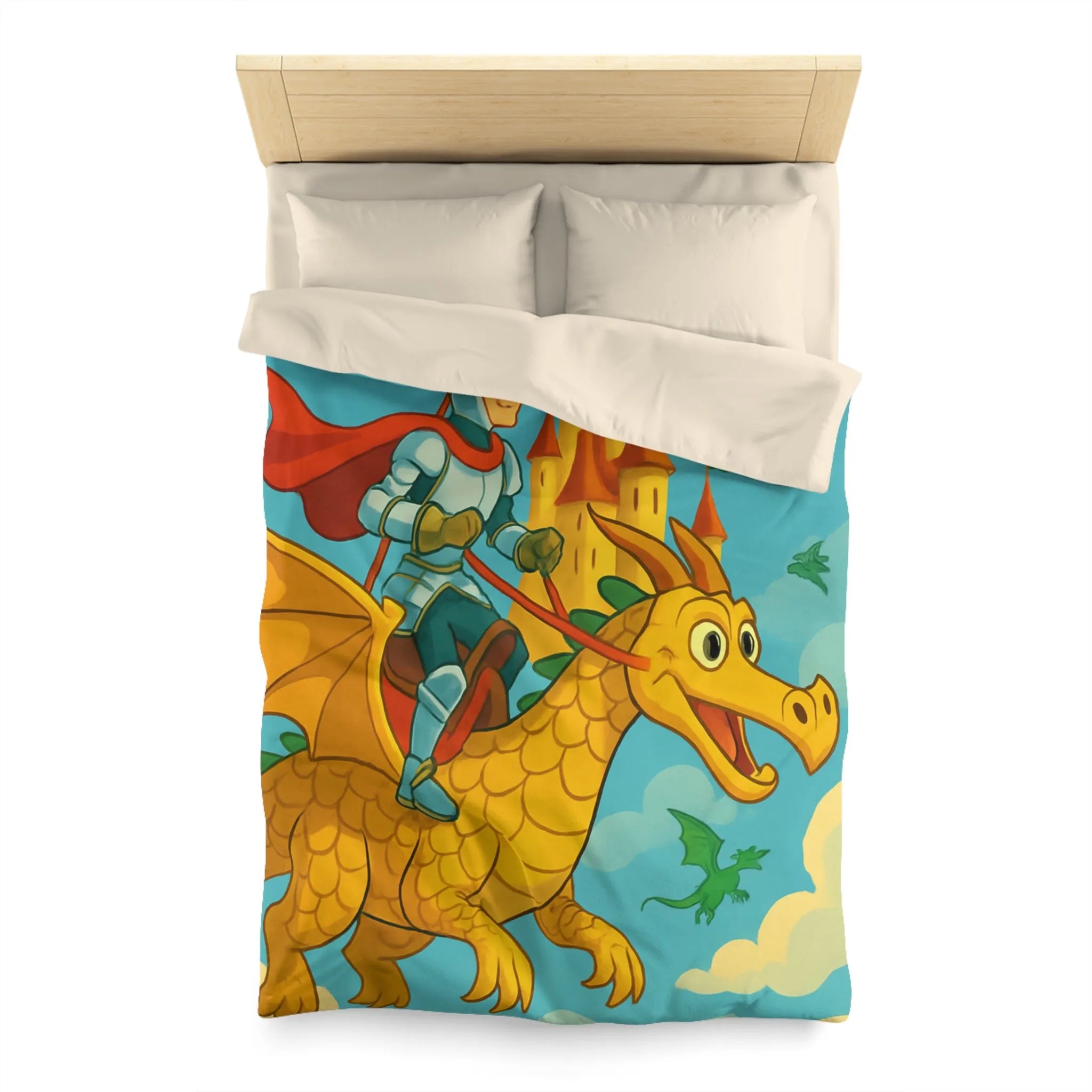 Housse de couette avec chevalier courageux chevauchant un dragon doré au-dessus château fantastique