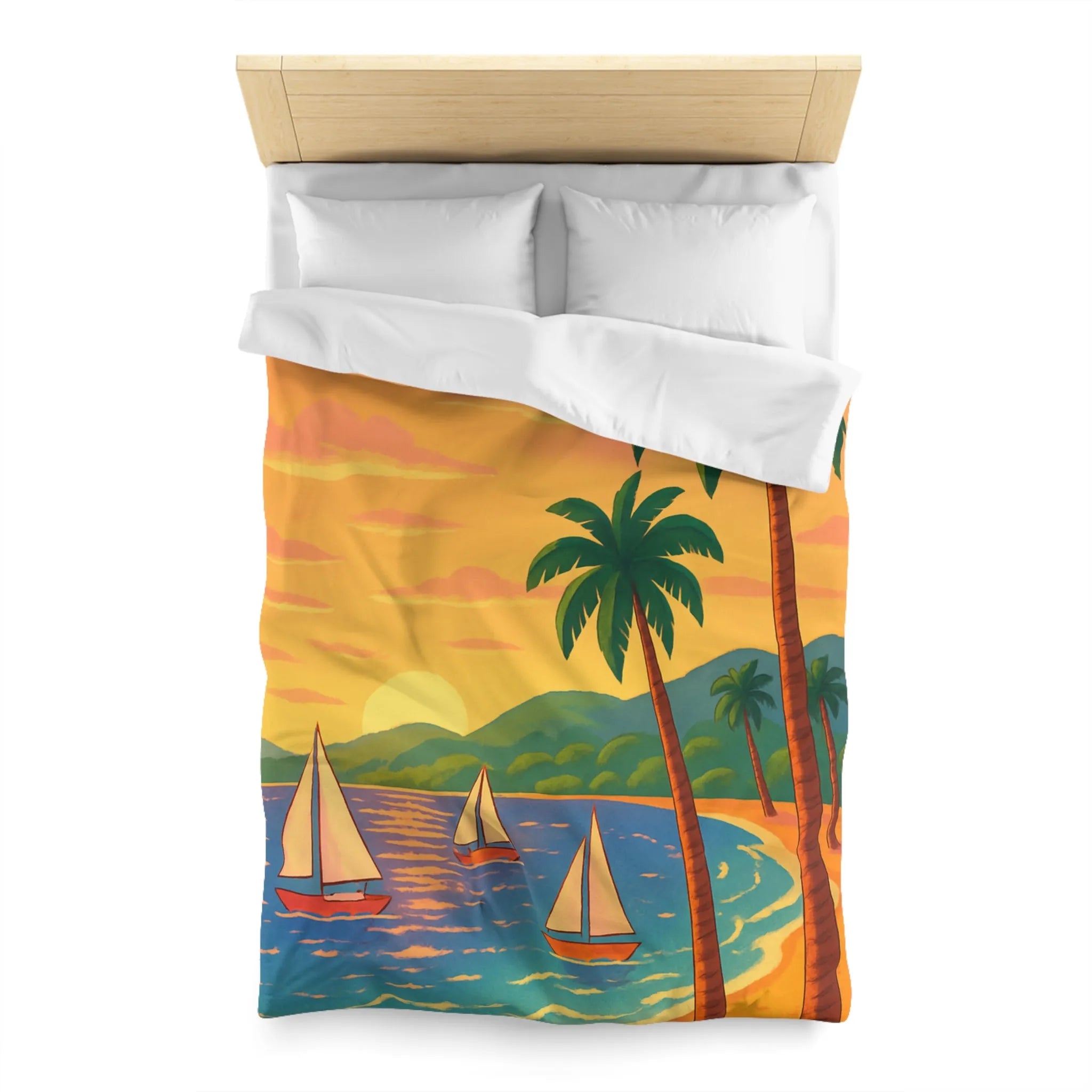 Housse de couette avec motif tropical, plage, palmiers et voiliers au coucher de soleil