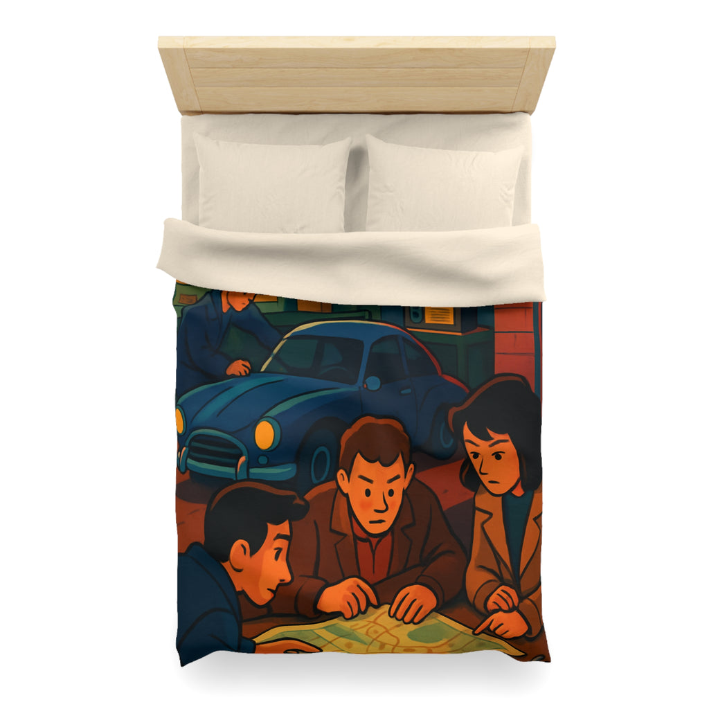 Housse de couette vintage ambiance atelier auto avec carte et personnages concentrés