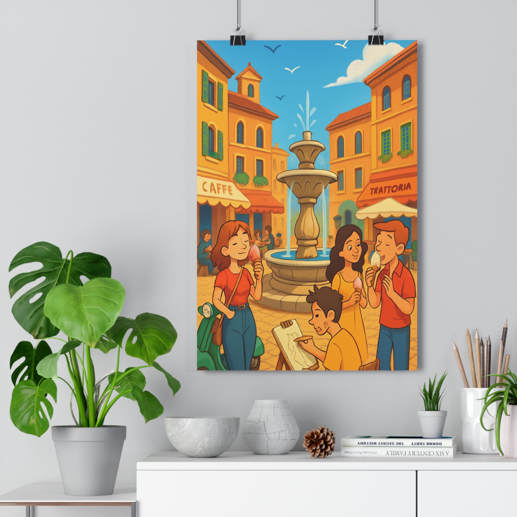 Poster décoratif coloré italien vintage joyeux salon chambre art fontaine architecture chaleureux unique qualité