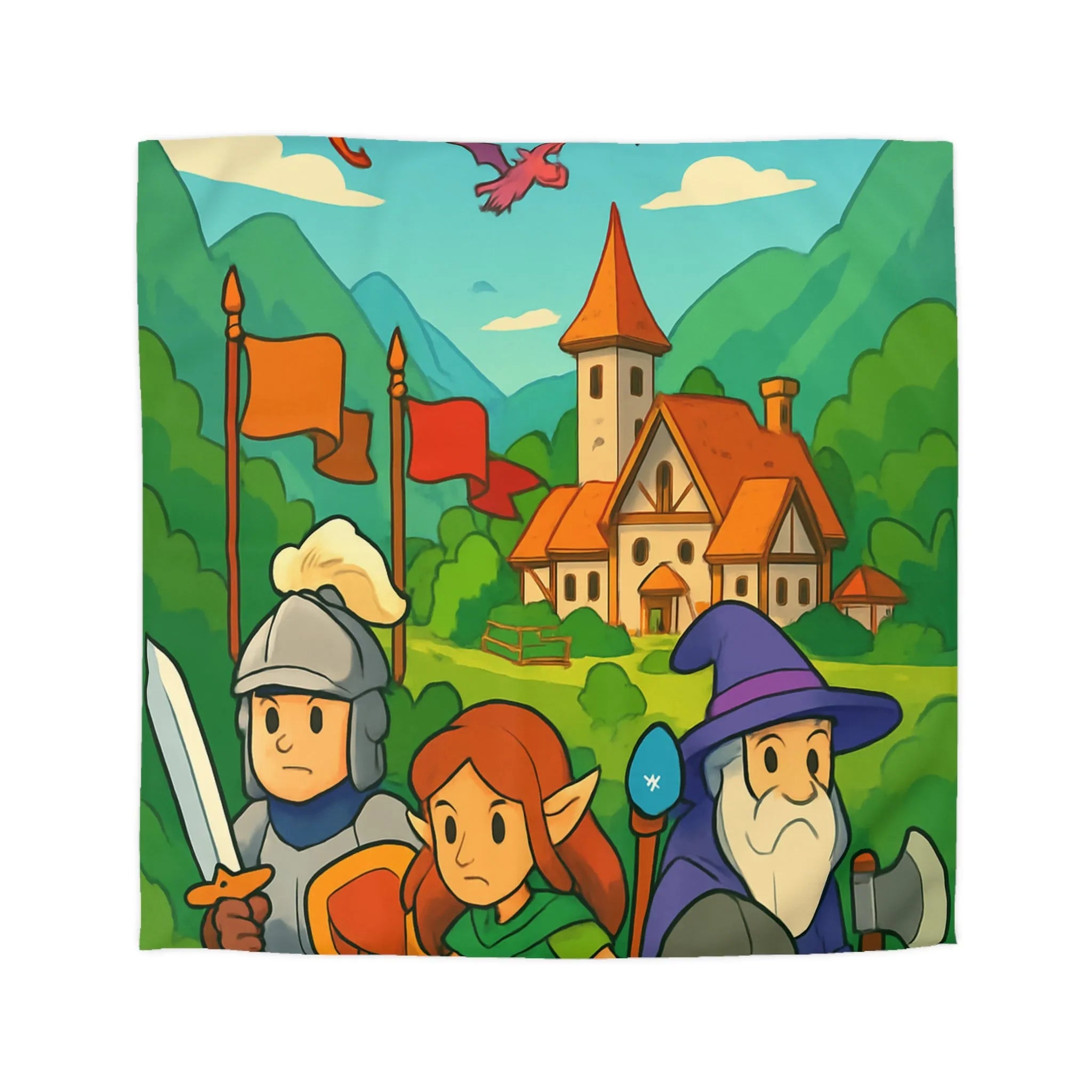Housse de couette aventure médiévale avec dragons, chevalier, elfe, sorcier et troll