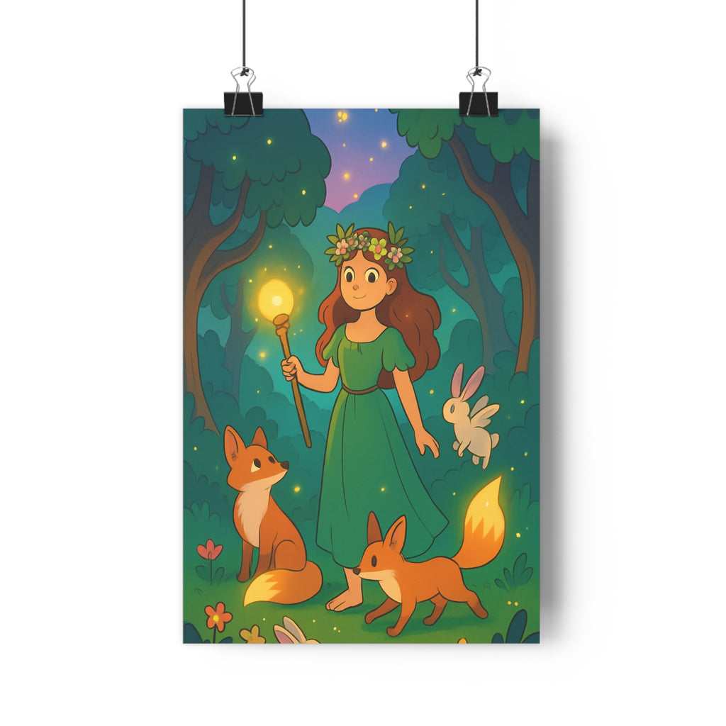 Poster décoratif forêt enchantée magique vert lumineux féerique chambre enfant nature mystique animaux nocturne