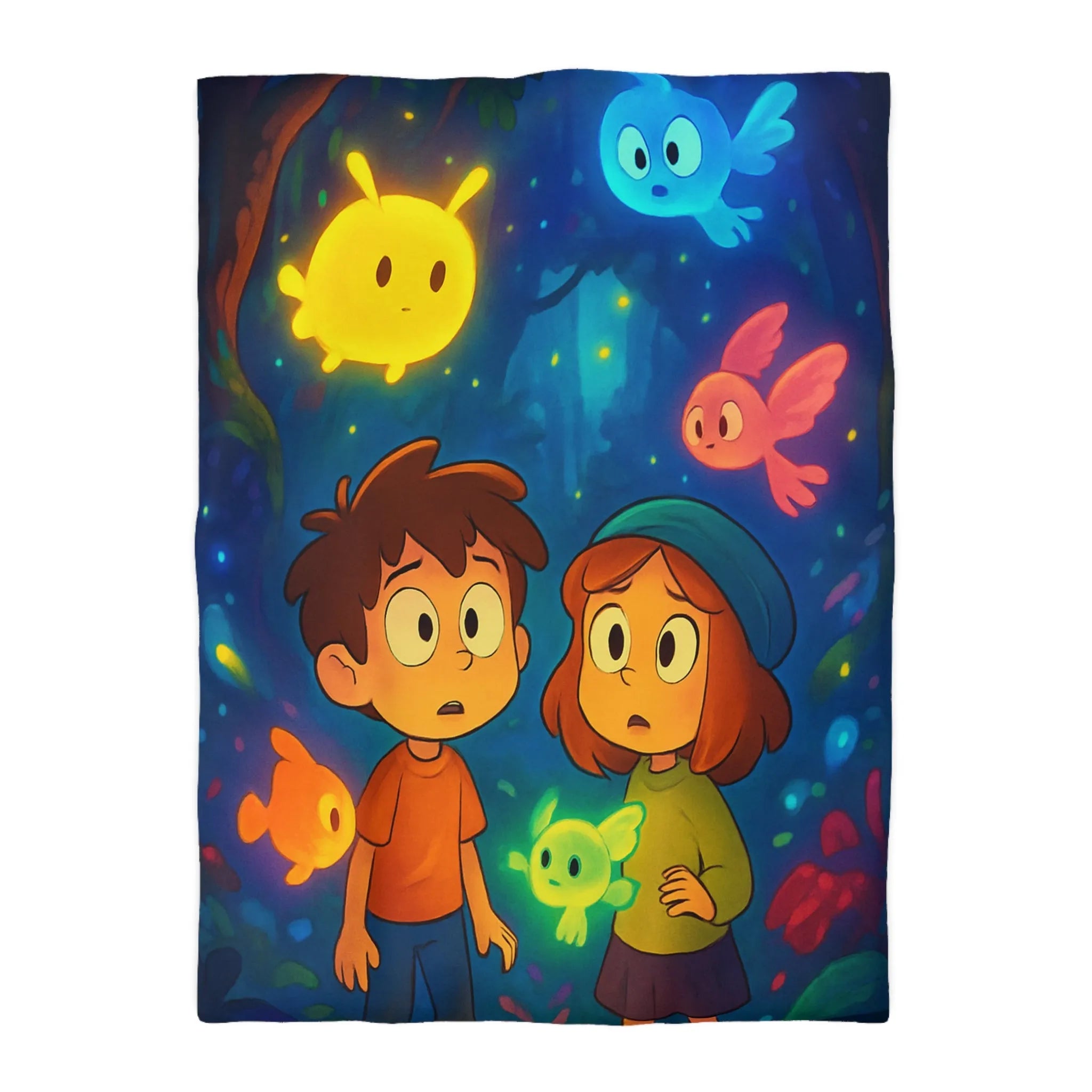 Housse de Couette Enfant Fantaisie avec Créatures Lumineuses dans Forêt Mystérieuse et Enchantée