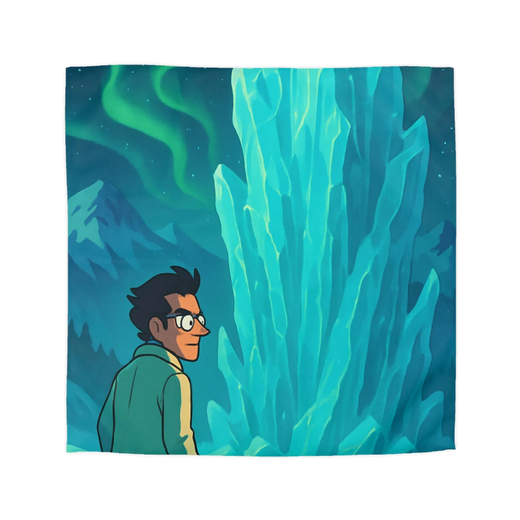 Décor polaire avec icebergs géants et exploration nocturne sous aurores boréales glaciales