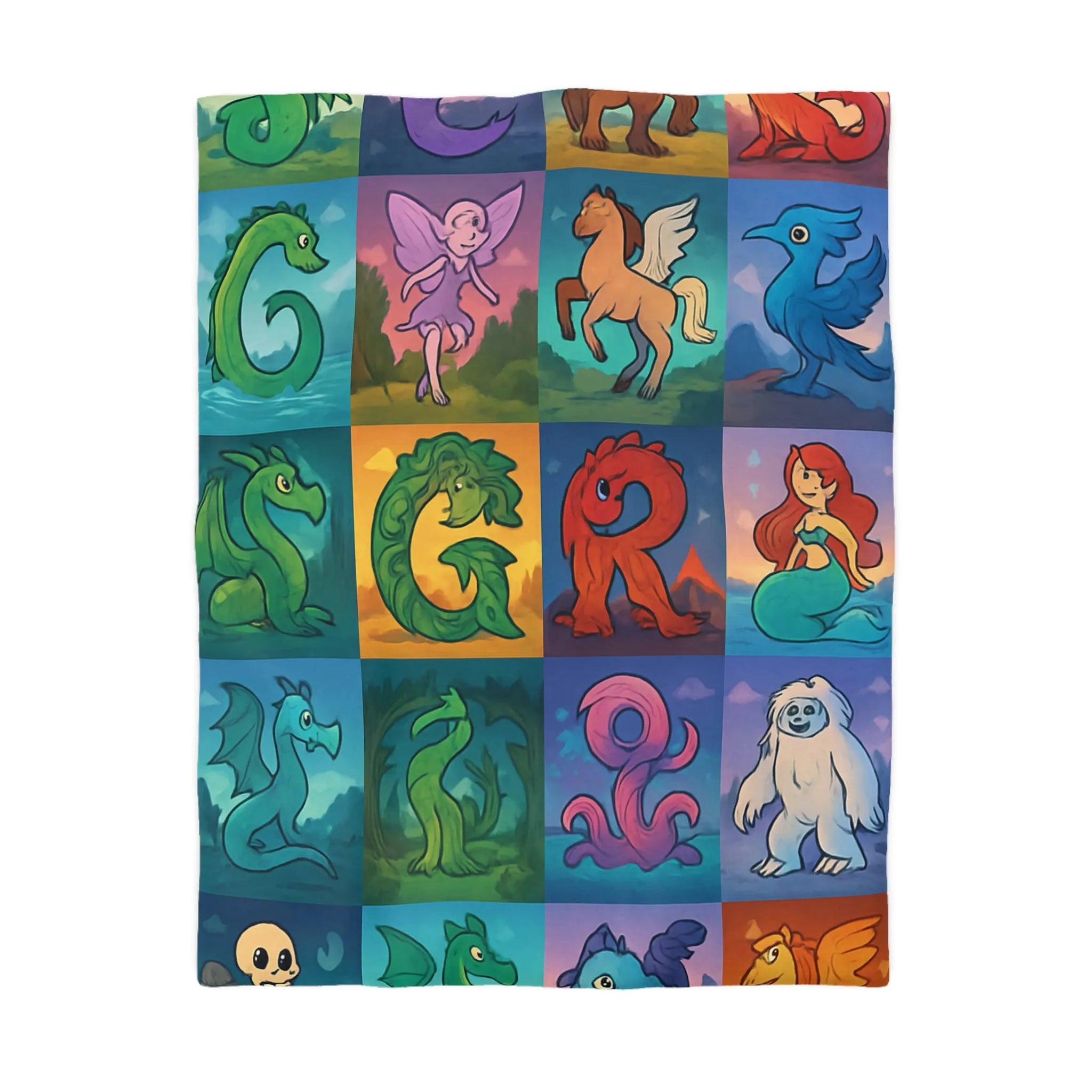 Housse de couette enchantée avec lettres magiques et créatures mythiques colorées