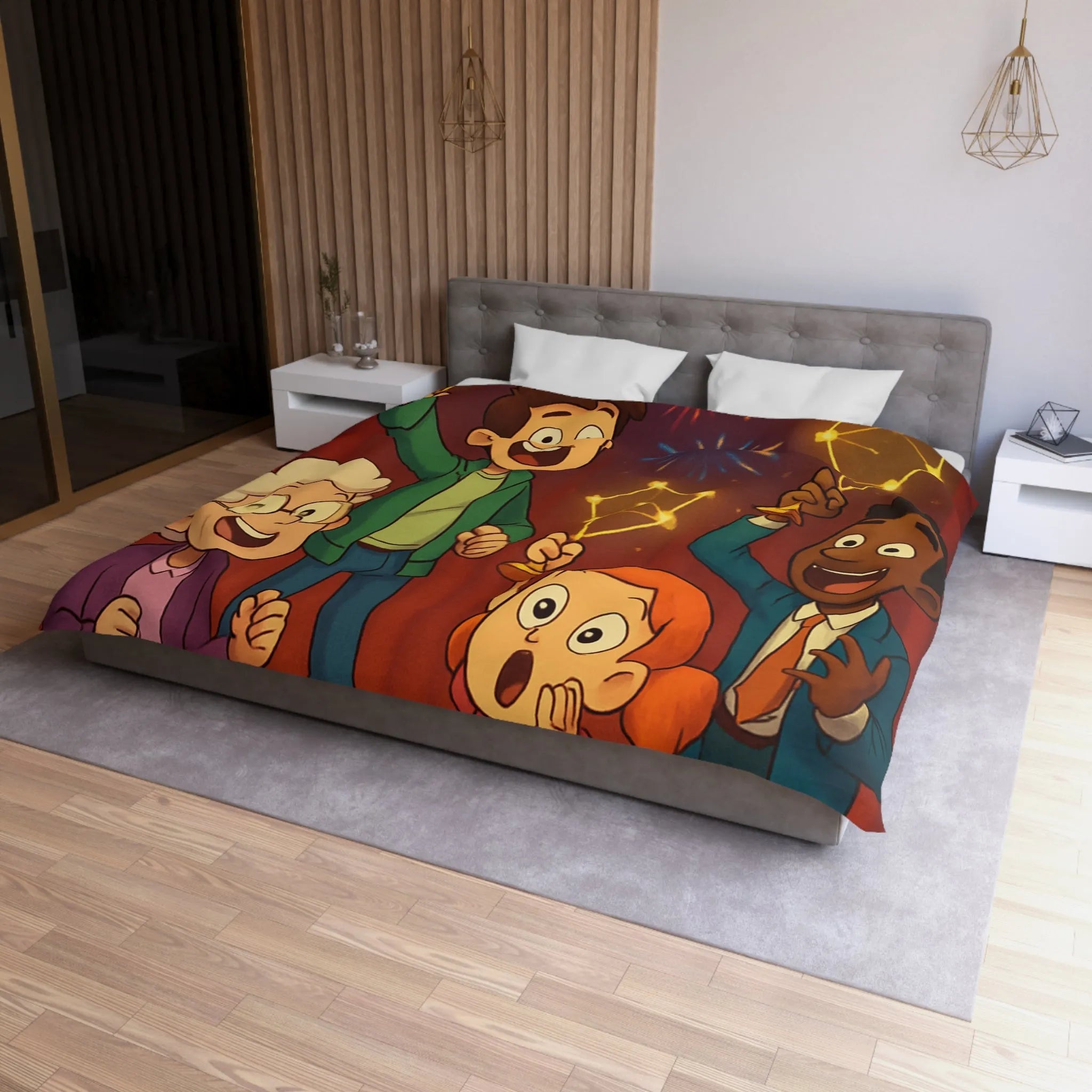 Housse de couette colorée enfants avec feux d'artifice et personnages dessin animé joyeux