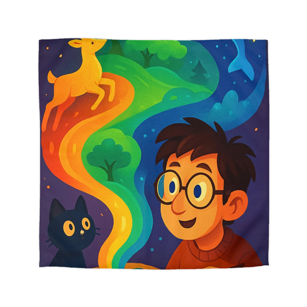 Housse de couette colorée illustrée avec artiste, palette et animaux fantastiques