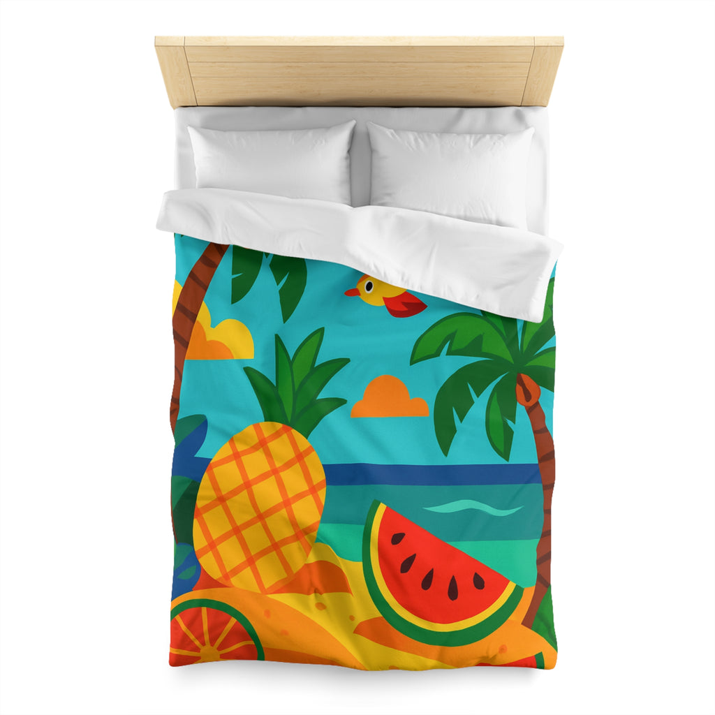 Housse de couette tropicale colorée avec fruits exotiques et oiseaux vibrants sur la plage