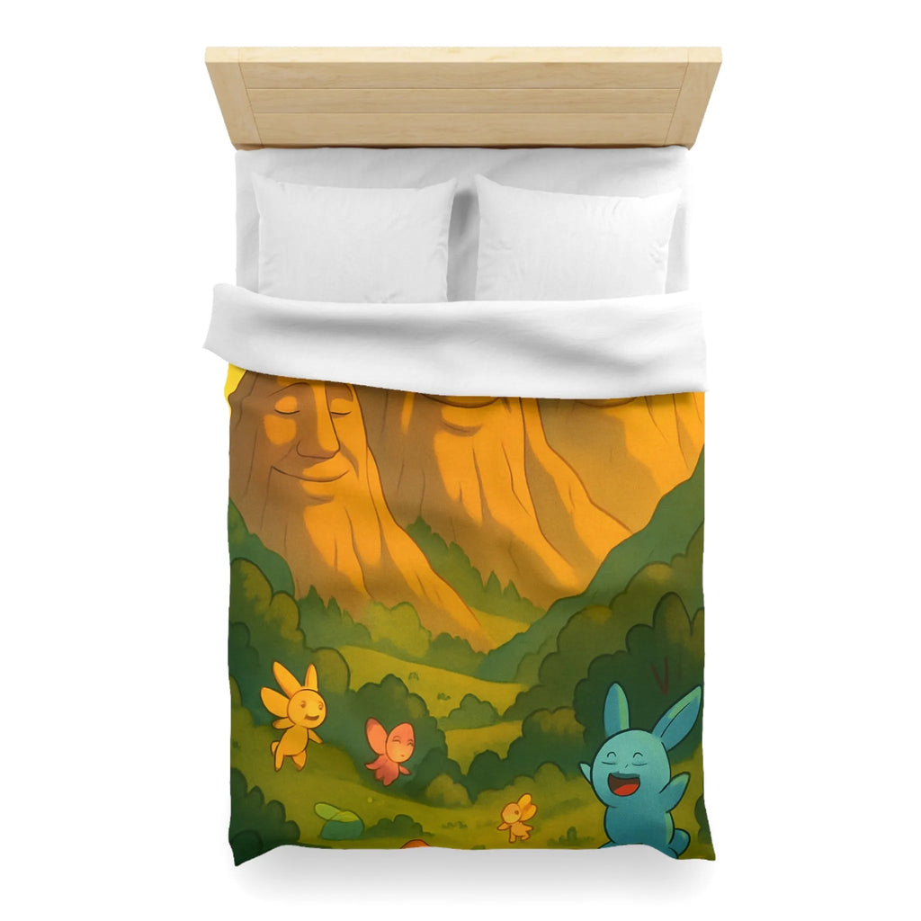 Housse de couette enfantine avec créatures en forêt sous montagnes souriantes au coucher de soleil