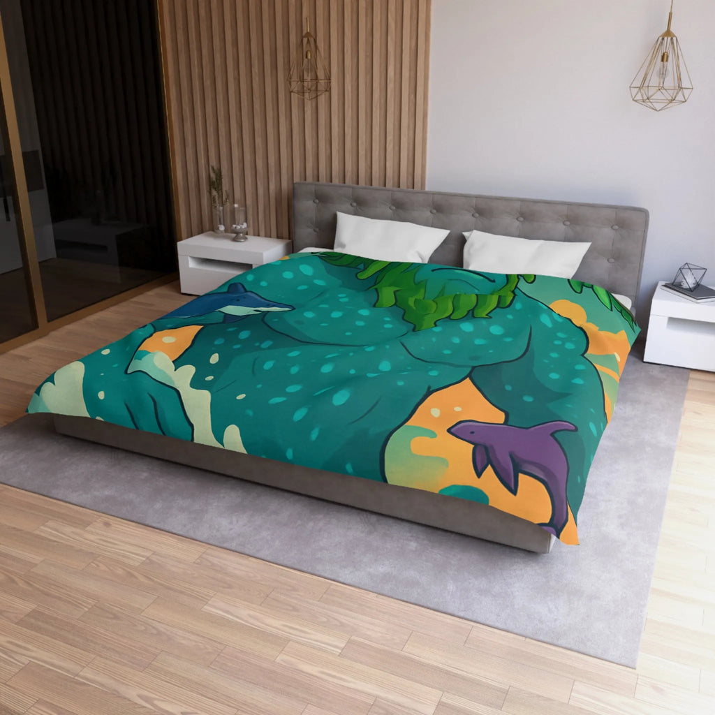 Housse de couette avec géant des mers, faune marine et ciel coloré